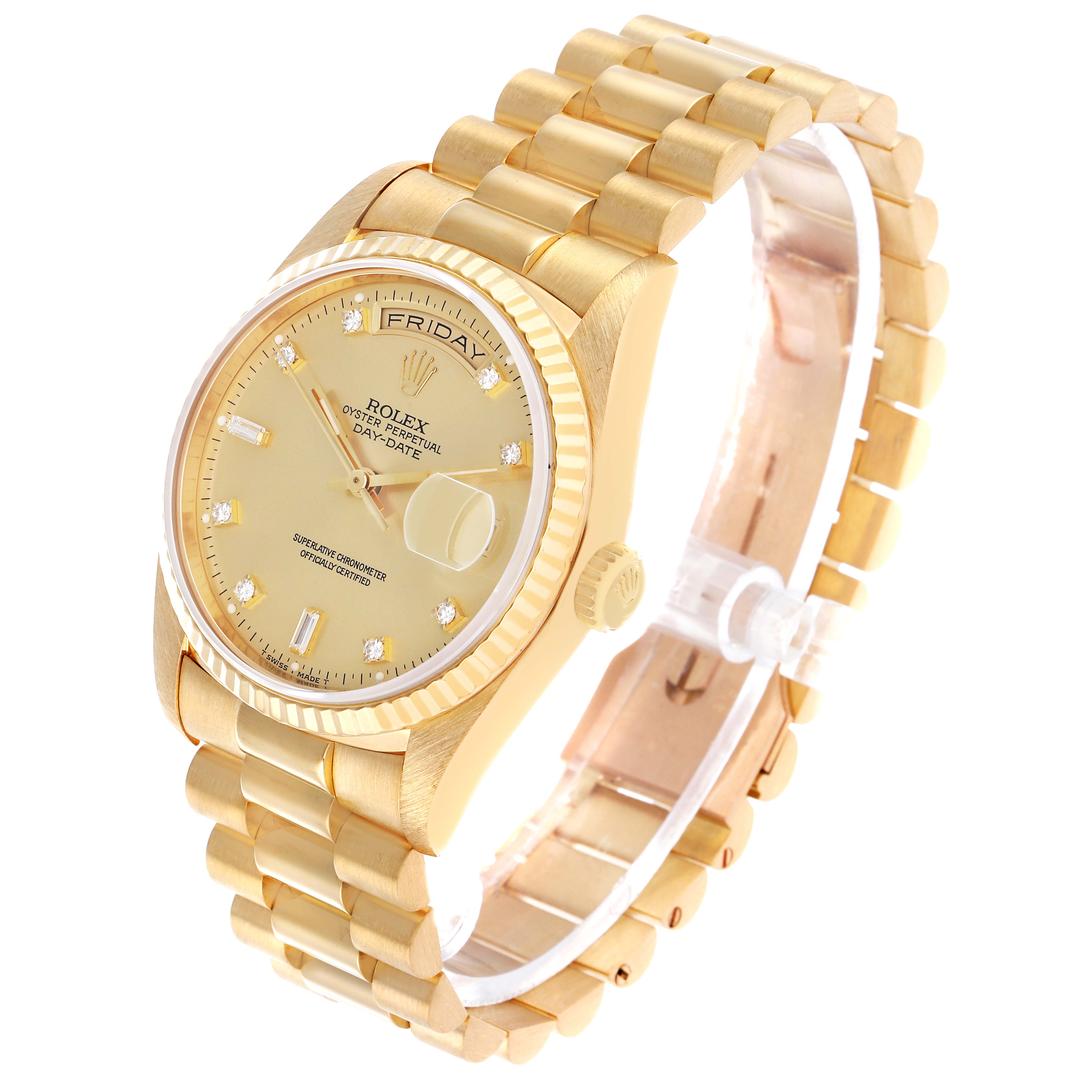 The Rolex President 18238 Men's Yellow Gold Champagne Dial model watch is shown at a three-quarter angle, highlighting the dial, crown, and bracelet.