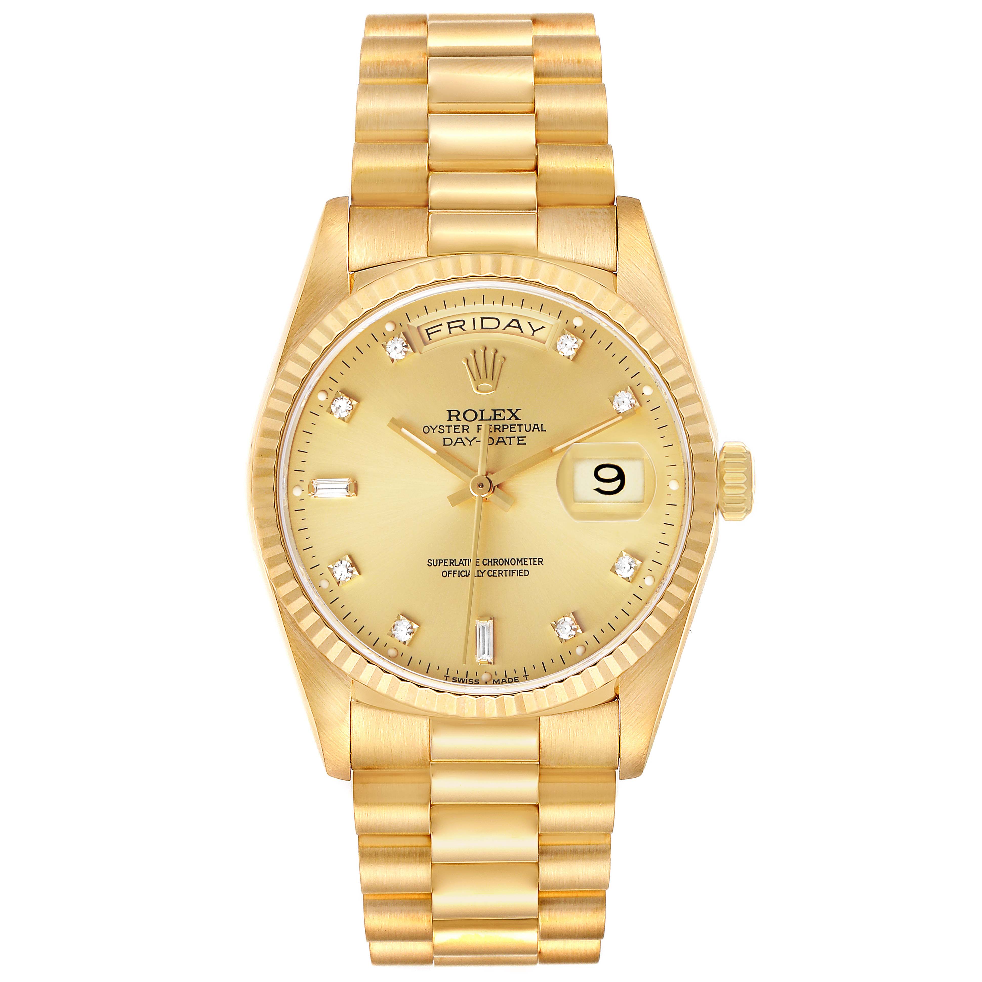 The Rolex President 18238 Men's Yellow Gold Champagne Dial model is shown from a top-down angle, displaying the gold dial, day-date feature, and bracelet.