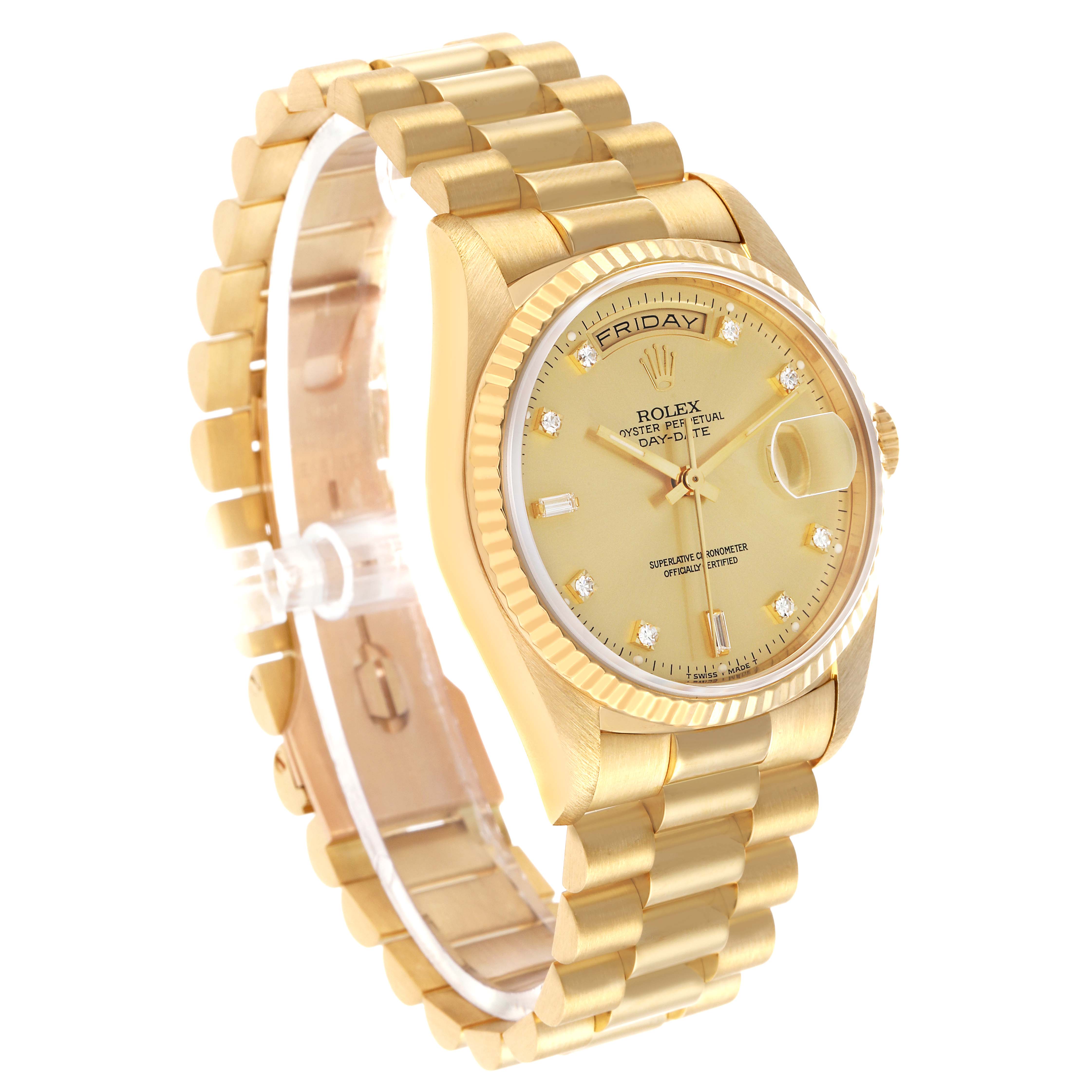 The Rolex President 18238 Men's Yellow Gold Champagne Dial model watch is shown at an angle highlighting the bracelet, dial, bezel, and crown.
