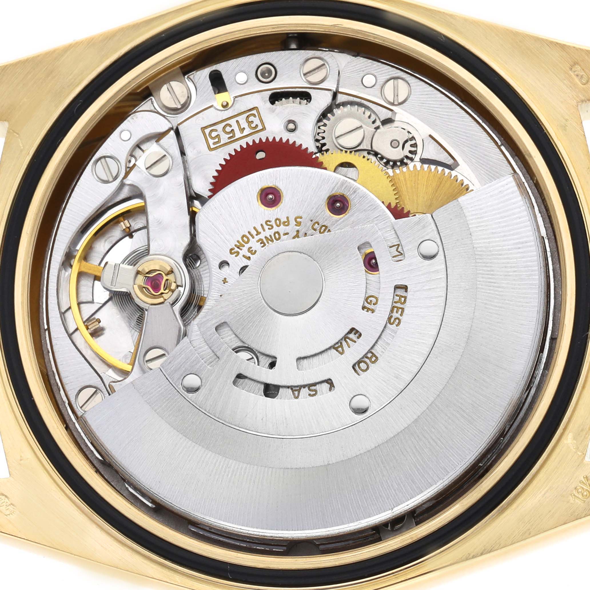 The image shows the internal movement of a Rolex President 18238 Men's Yellow Gold Champagne Dial watch, highlighting gears and the rotor from a top-down angle.