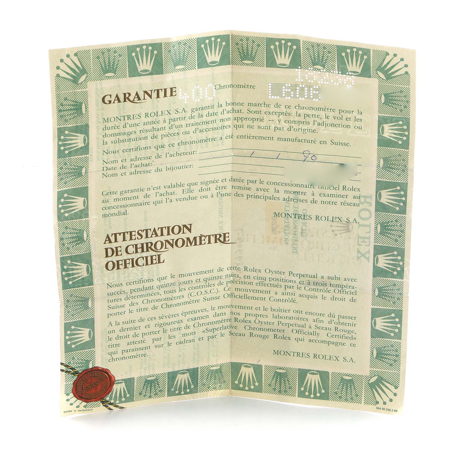 The image shows a warranty certificate for the Rolex President 18238 Men's Yellow Gold Champagne Dial model, featuring text and logos.