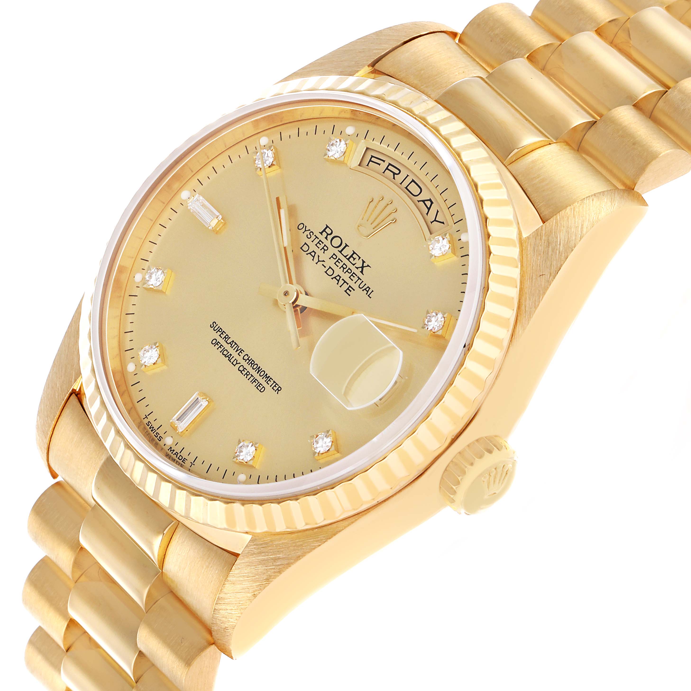 The Rolex President 18238 Men's Yellow Gold Champagne Dial watch is shown at an angled view, displaying the dial, bezel, bracelet, and crown.