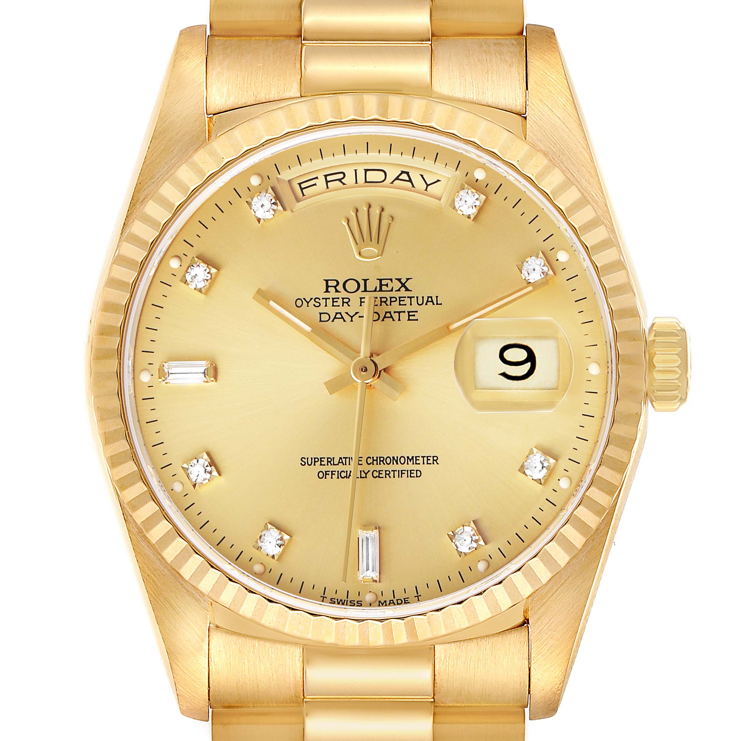 The Rolex President 18238 Men's Yellow Gold Champagne Dial Day-Date watch is shown from the front, highlighting the dial, bezel, and bracelet links.