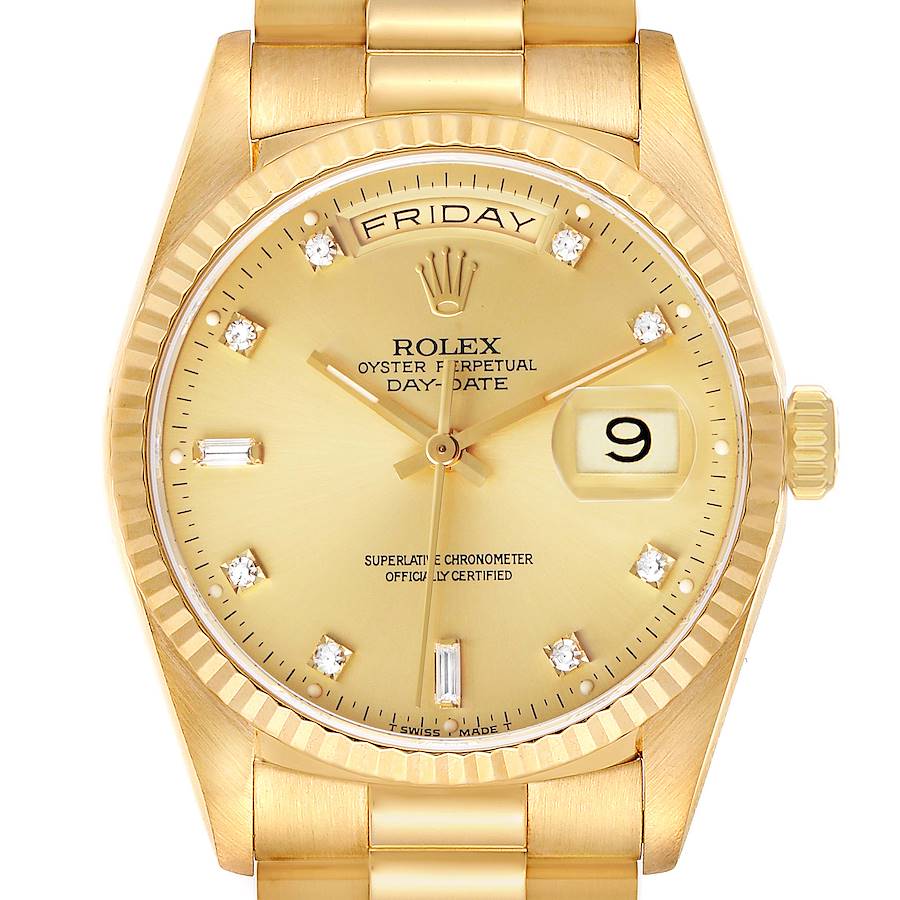 The Rolex President 18238 Men's Yellow Gold Champagne Dial Day-Date watch is shown from the front, highlighting the dial, bezel, and bracelet links.