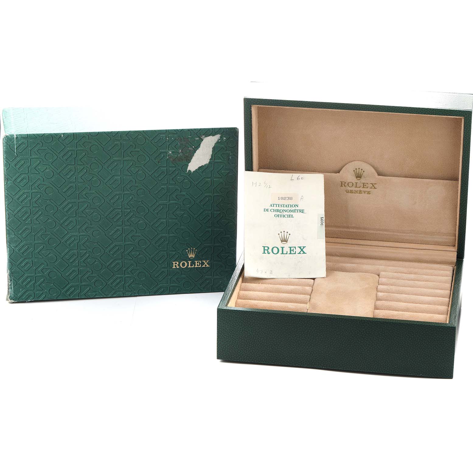 The image shows a Rolex President 18238 Men's Yellow Gold Champagne Dial model box and paperwork at an angled view, displaying the open box and certificate.