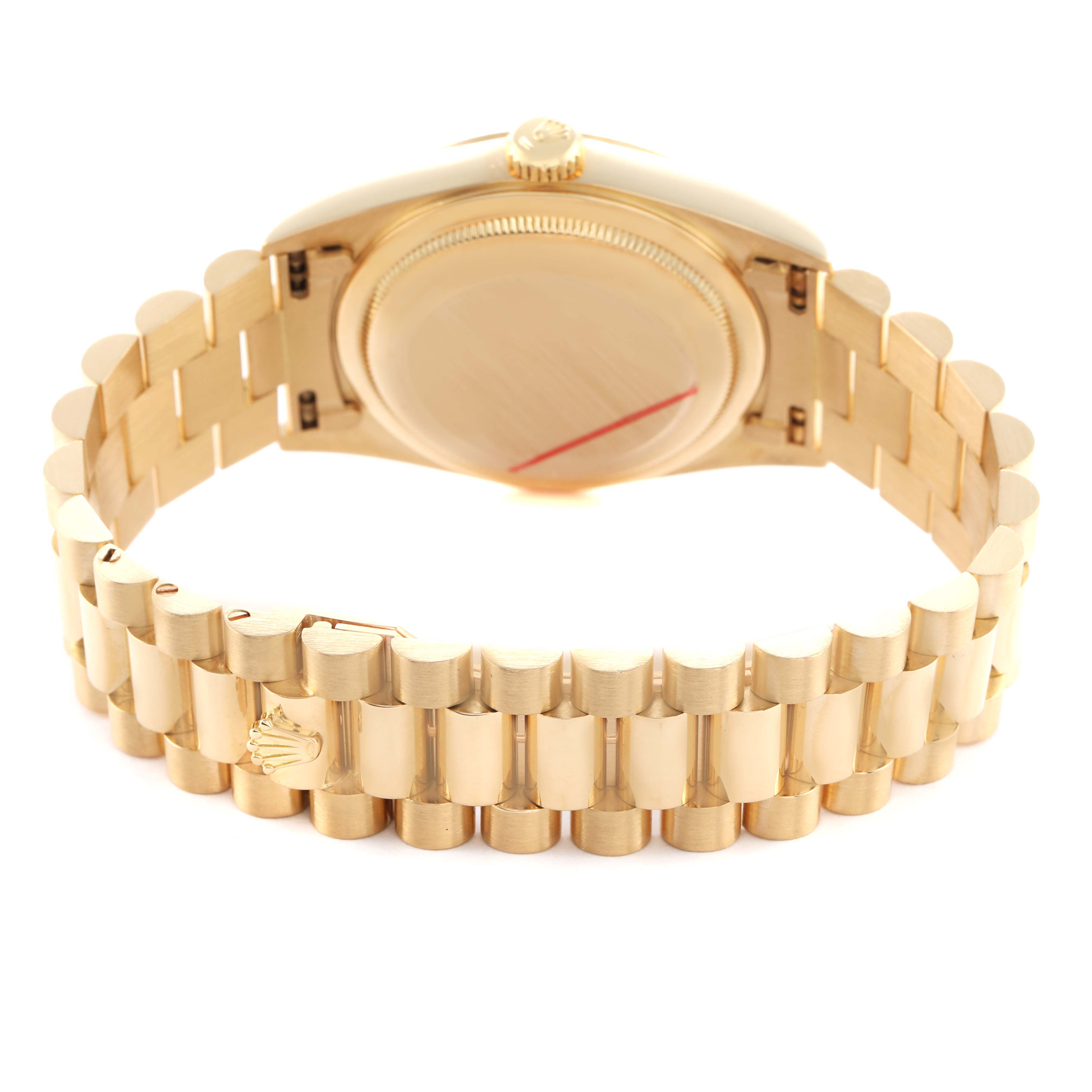 The image shows the back and bracelet of a Rolex President 18238 Men's Yellow Gold Champagne Dial model watch at a rear angle.