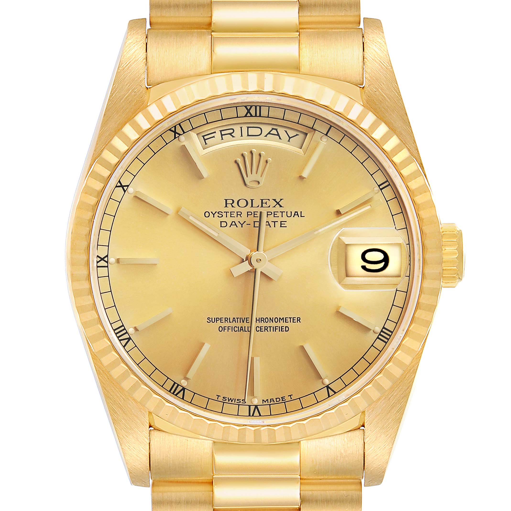 The Rolex President 18238 Men's Yellow Gold Champagne Dial model is shown from the front, displaying the dial, bezel, day, and date features.