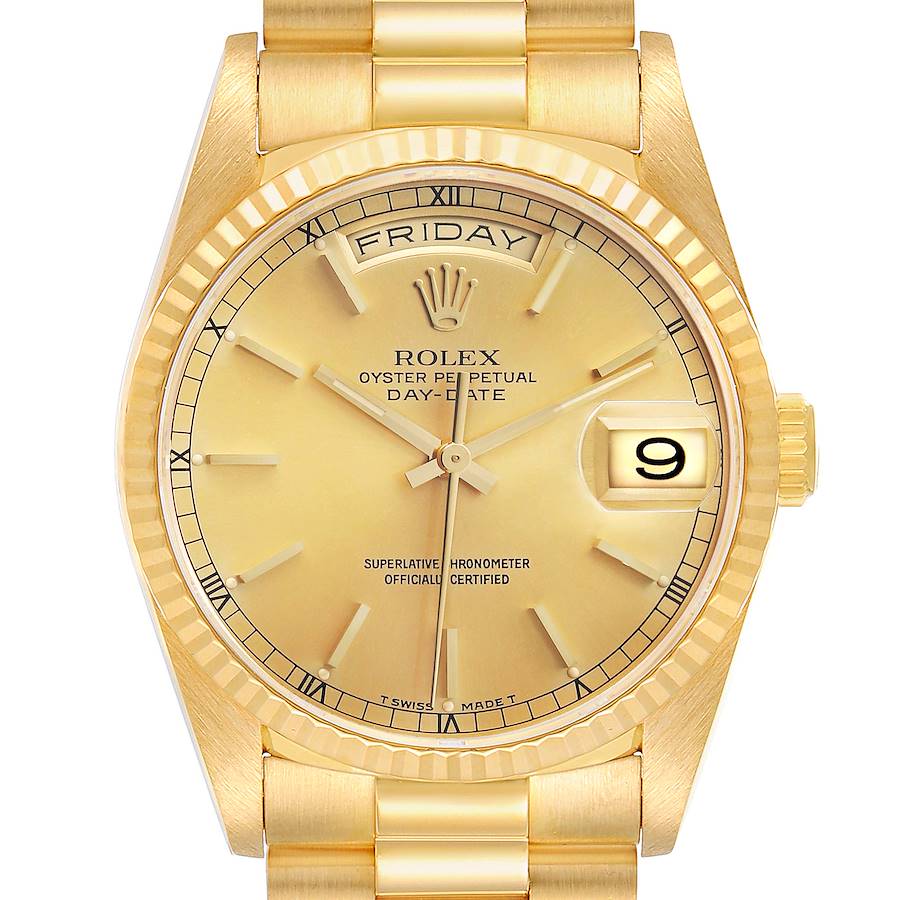 The Rolex President 18238 Men's Yellow Gold Champagne Dial model is shown from the front, displaying the dial, bezel, day, and date features.