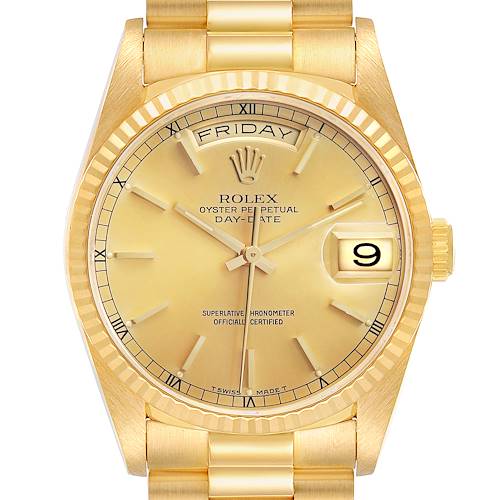 The image shows a front view of the Rolex President 18238 Men's Yellow Gold Champagne Dial model watch, highlighting its dial, bezel, day, and date features.