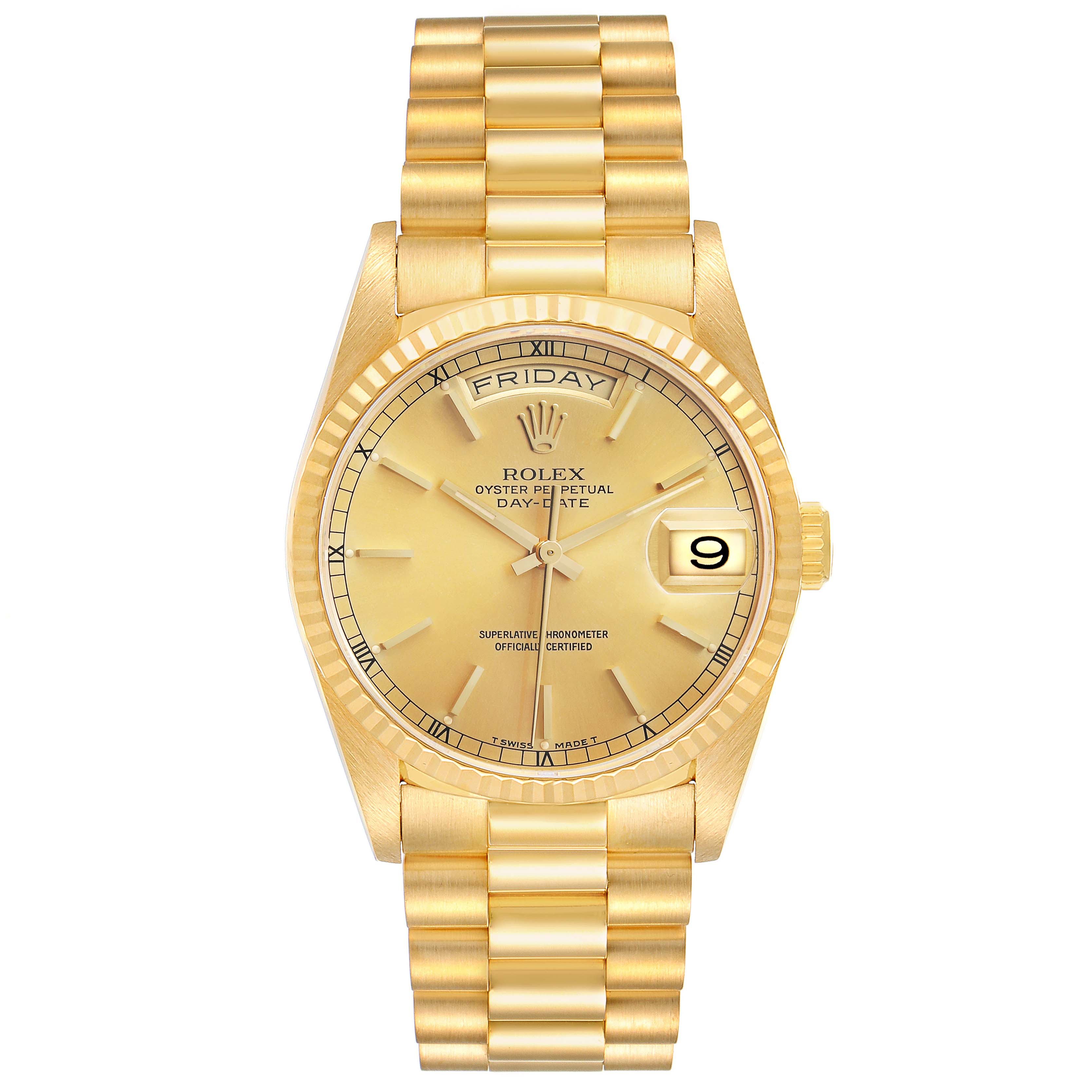 The Rolex President 18238 Men's Yellow Gold Champagne Dial model is shown from a front view, highlighting the face, bezel, crown, and bracelet.