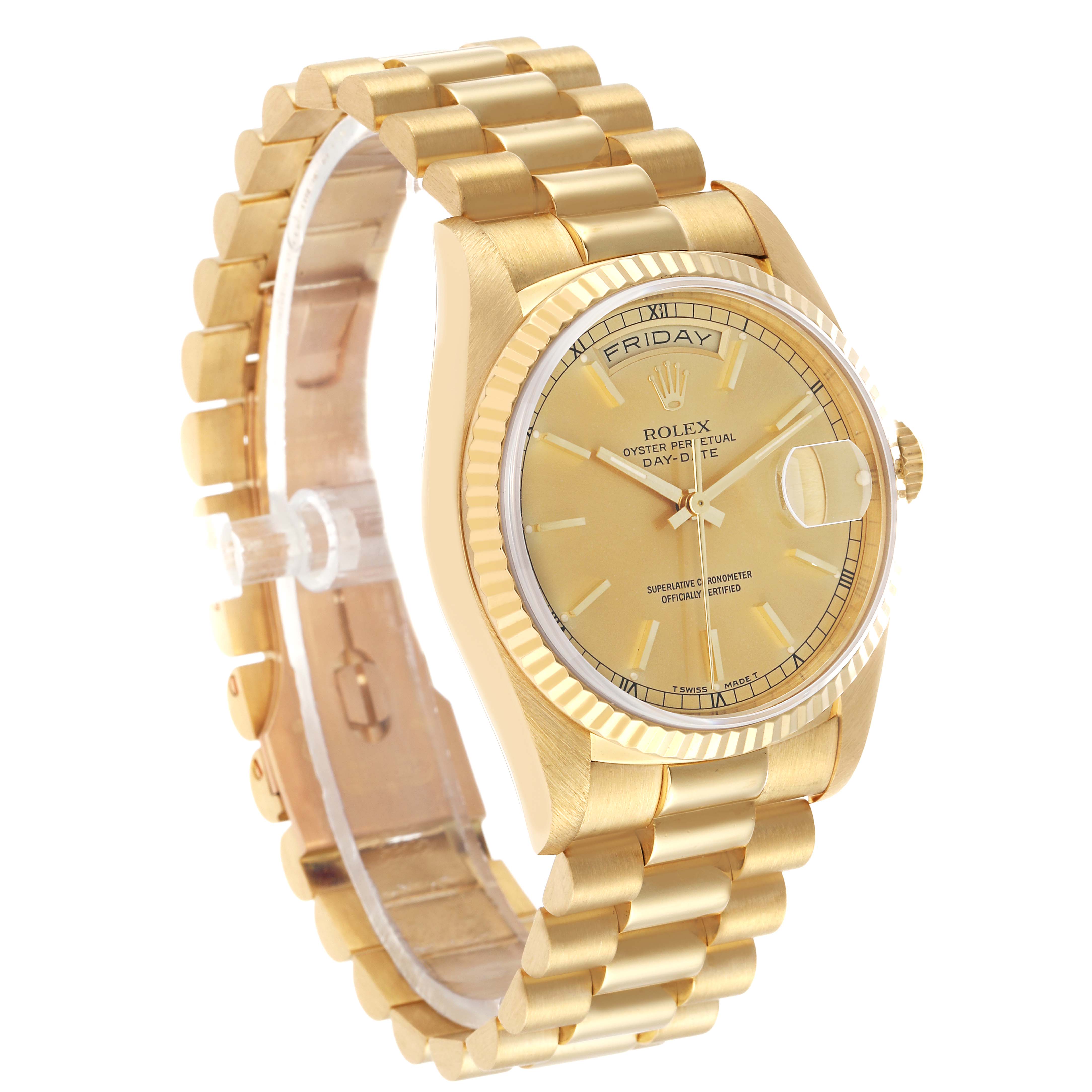The Rolex President 18238 Men's Yellow Gold Champagne Dial model is shown at a slight angle, displaying the gold bracelet, fluted bezel, and the dial with day and date functions.