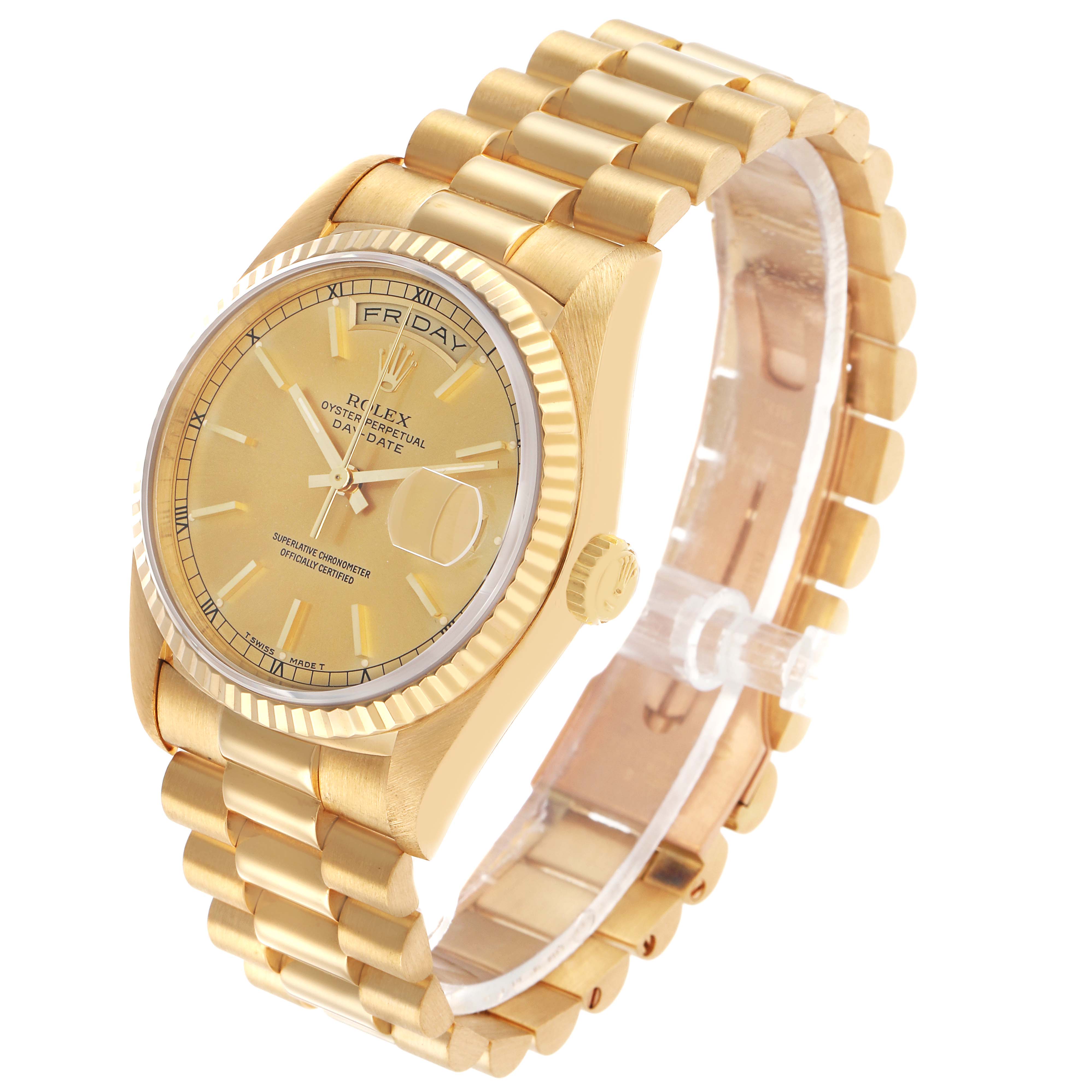 The Rolex President 18238 Men's Yellow Gold Champagne Dial model is shown at an angled view displaying its gold case, fluted bezel, bracelet, and a partial view of the dial.