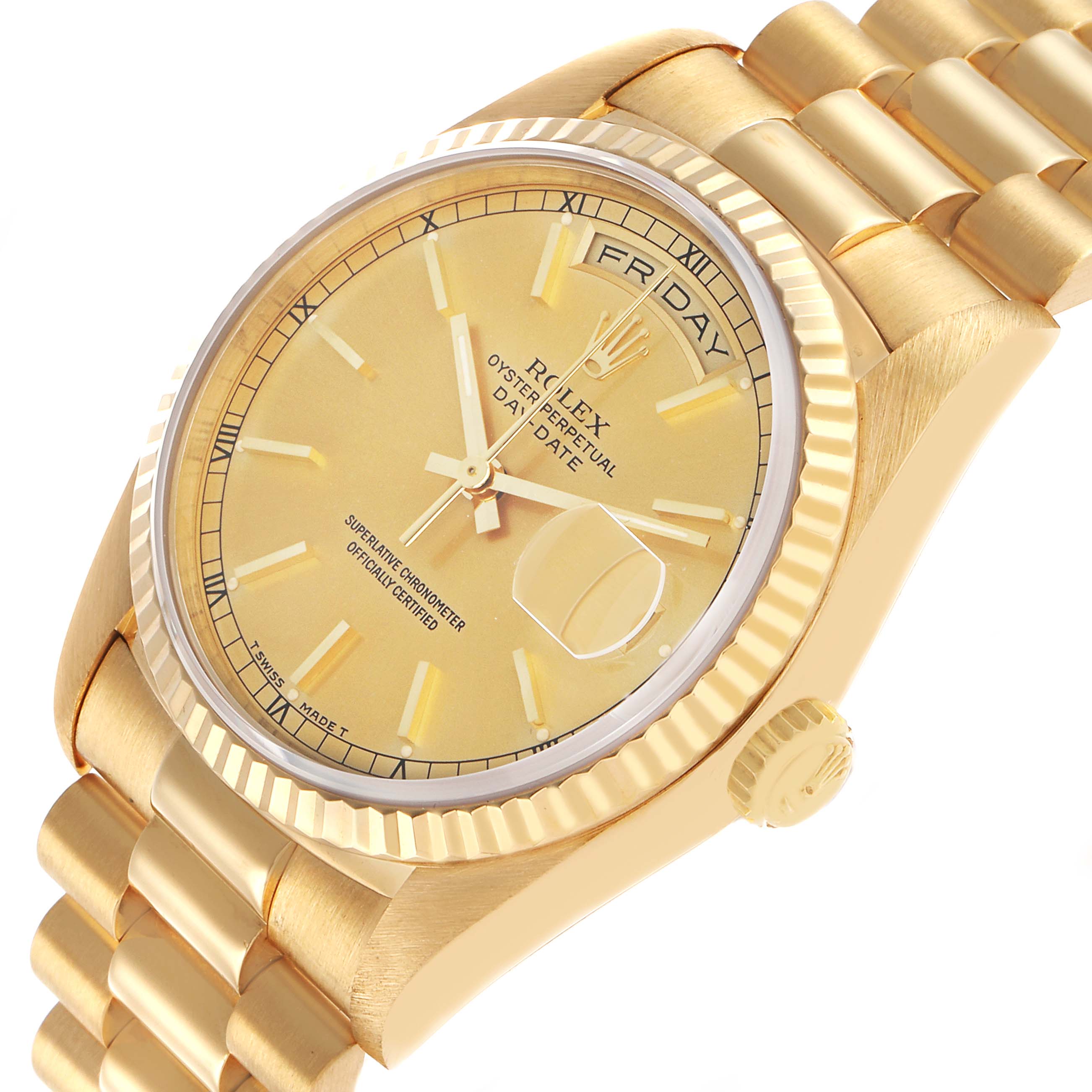 The Rolex President 18238 Men's Yellow Gold Champagne Dial model is shown at an angled close-up, highlighting the dial, bezel, crown, and bracelet.