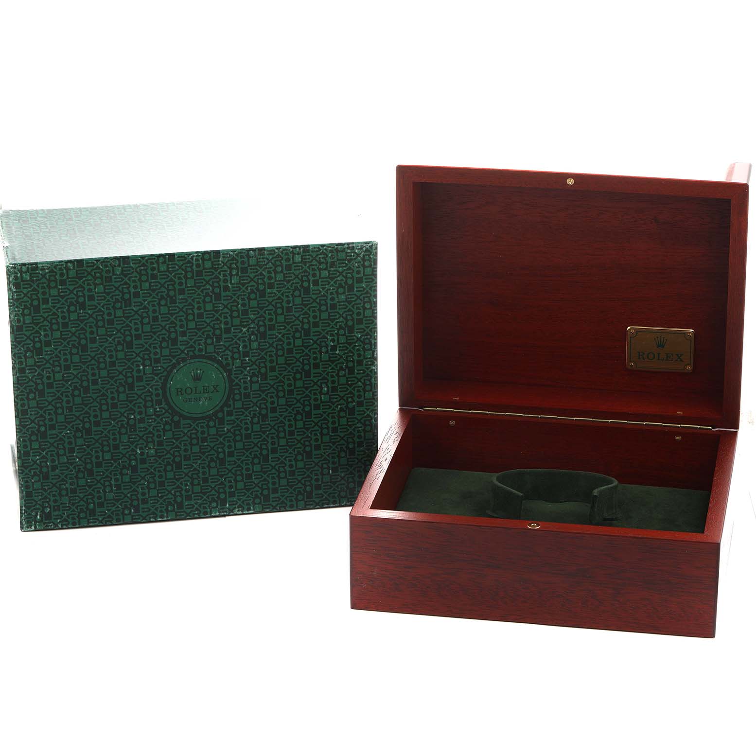 The image shows a Rolex President 18238 Men's Yellow Gold Champagne Dial model presentation box opened, with an outer green box beside it.