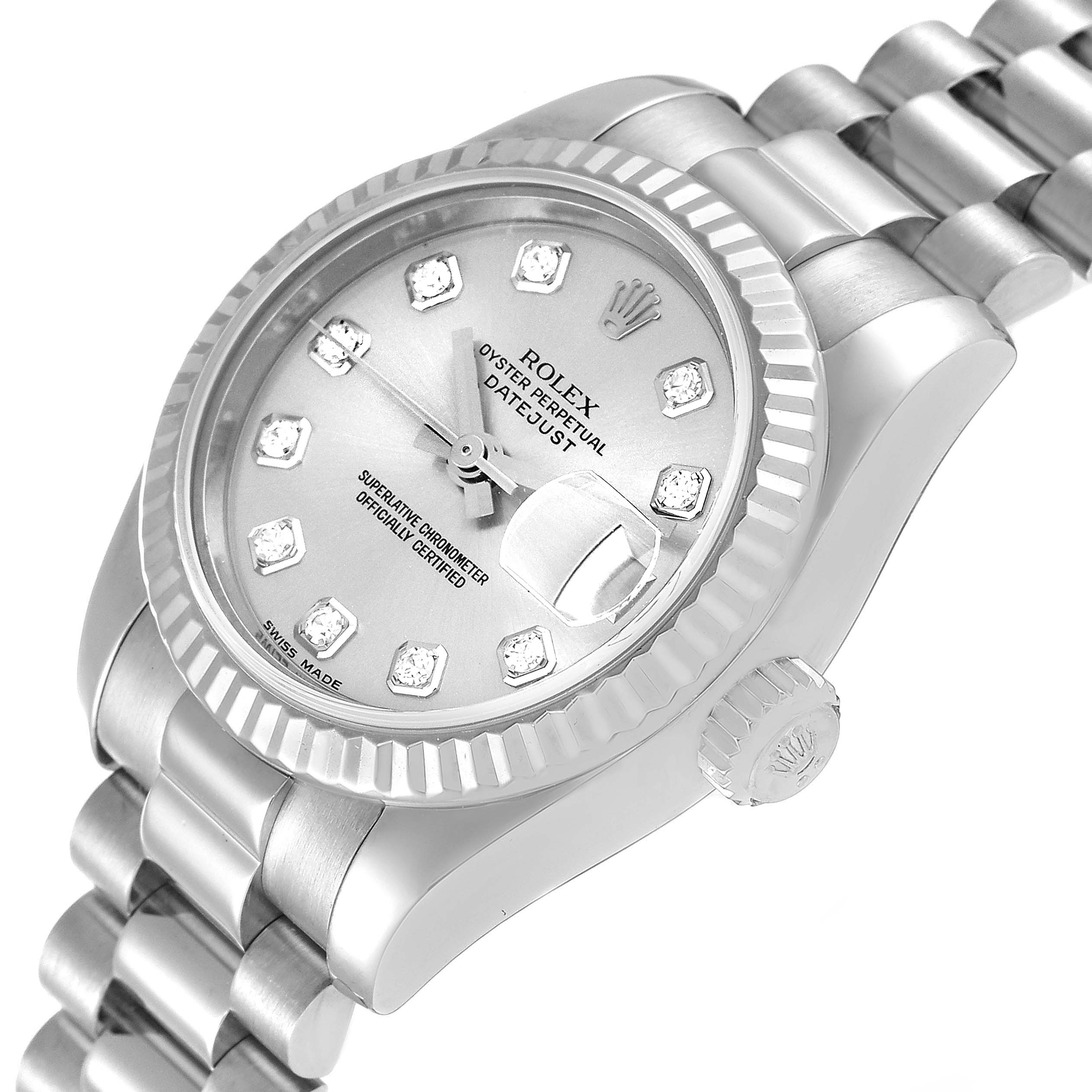 The image shows a Rolex President 179179 Women's White Gold Silver Dial 179179 Women's White Gold Silver Dial model watch at an angled close-up, displaying its dial, bezel, crown, and part of the bracelet.