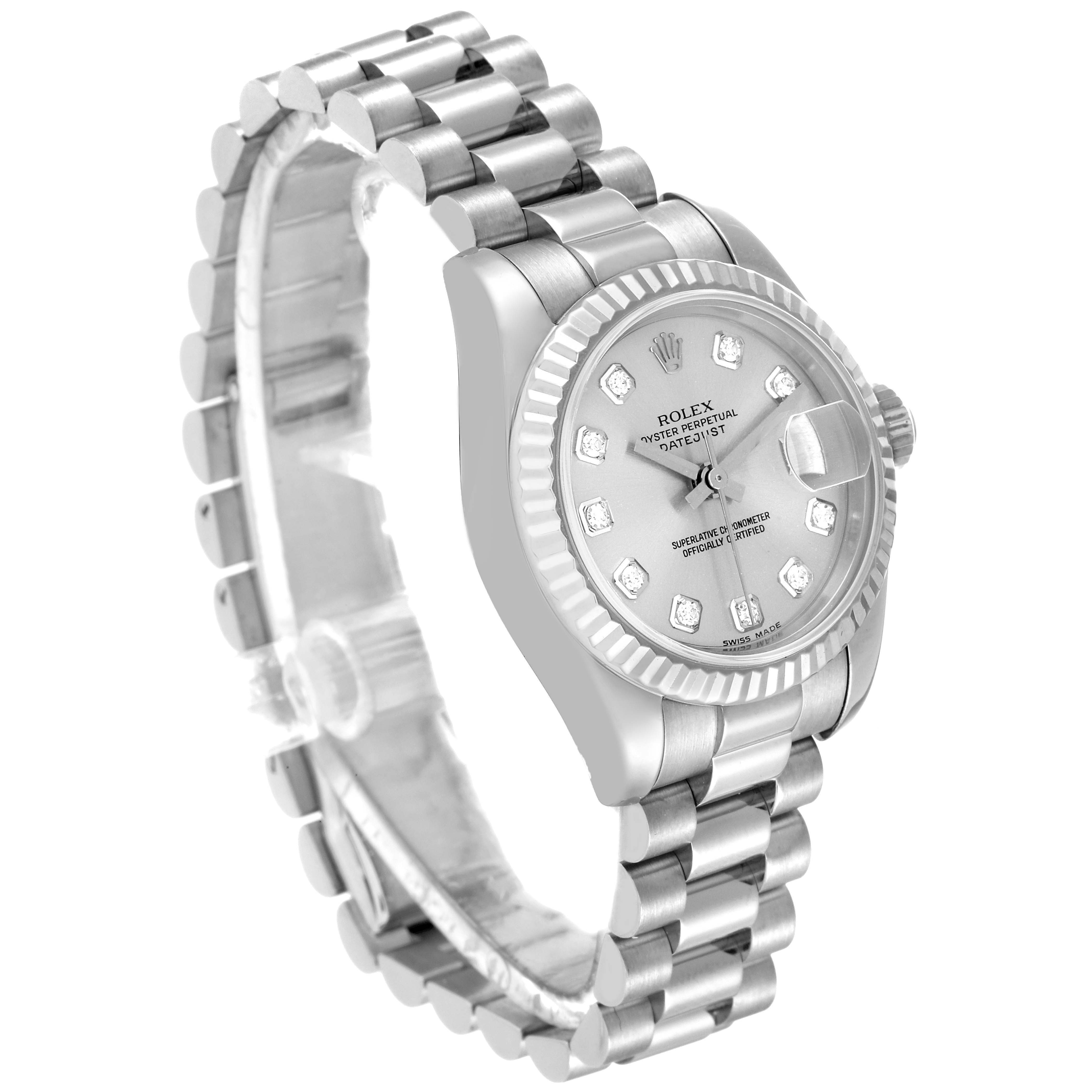 The image shows a Rolex President 179179 Women's White Gold Silver Dial 179179 Women's White Gold Silver Dial model watch from a side angle, highlighting the dial, bezel, and bracelet.