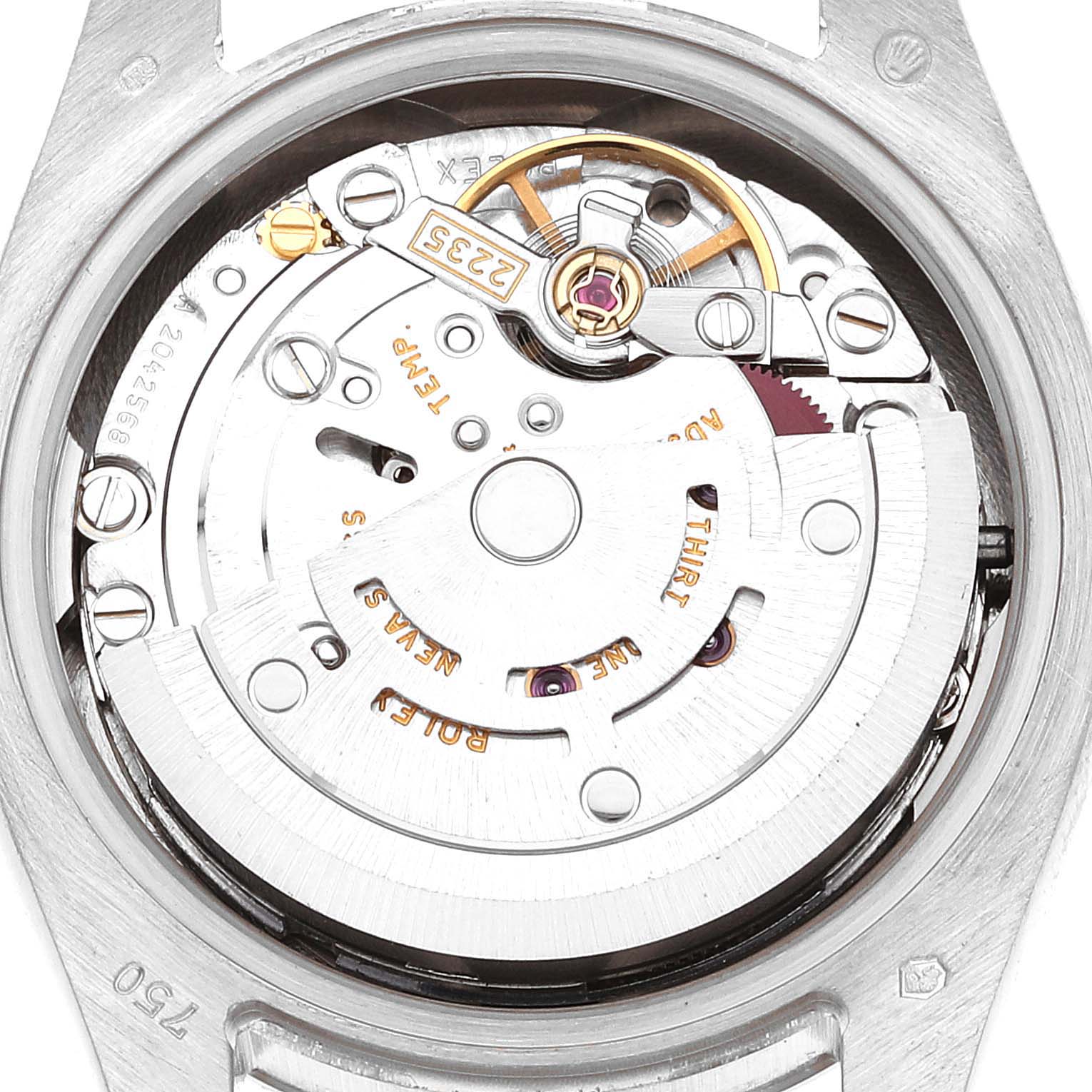 This image showcases the internal movement mechanism of a Rolex President 179179 Women's White Gold Silver Dial 179179 Women's White Gold Silver Dial model watch from a top-down angle.