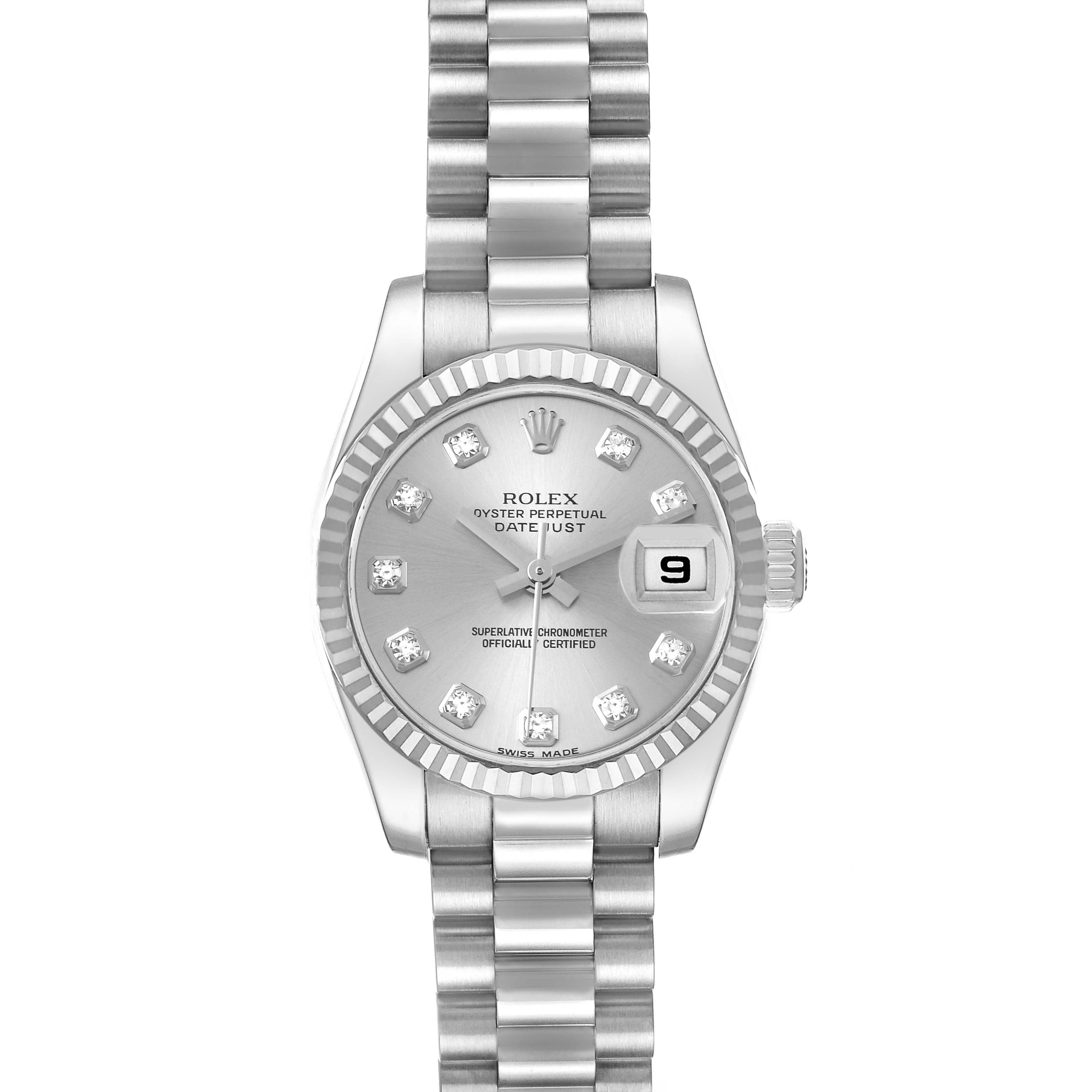 The image shows a front view of the Rolex President 179179 Women's White Gold Silver Dial 179179 Women's White Gold Silver Dial model watch, highlighting its bracelet, dial, hour markers, and date window.