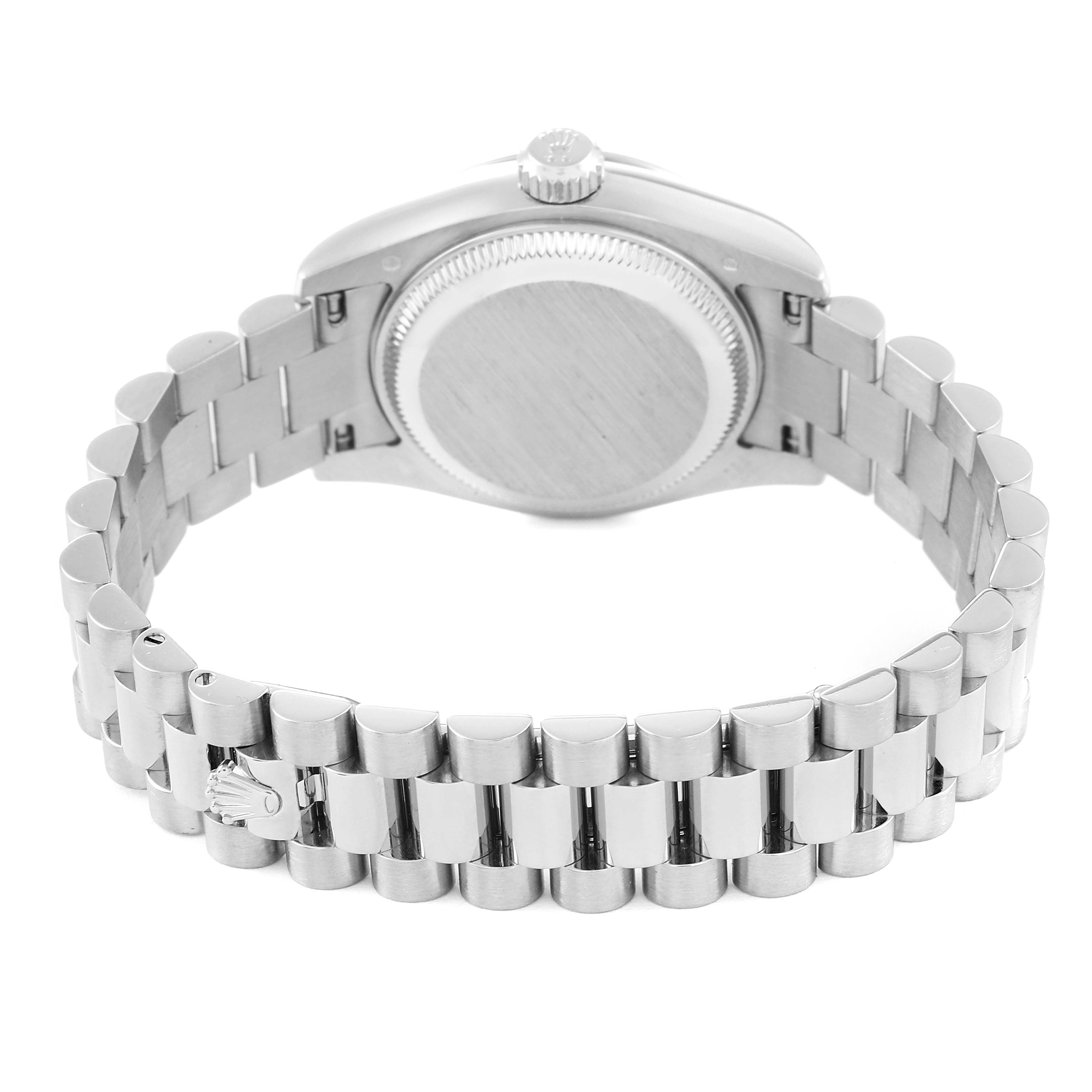 The image shows the back view of a Rolex President 179179 Women's White Gold Silver Dial 179179 Women's White Gold Silver Dial model watch, highlighting its case back and bracelet.
