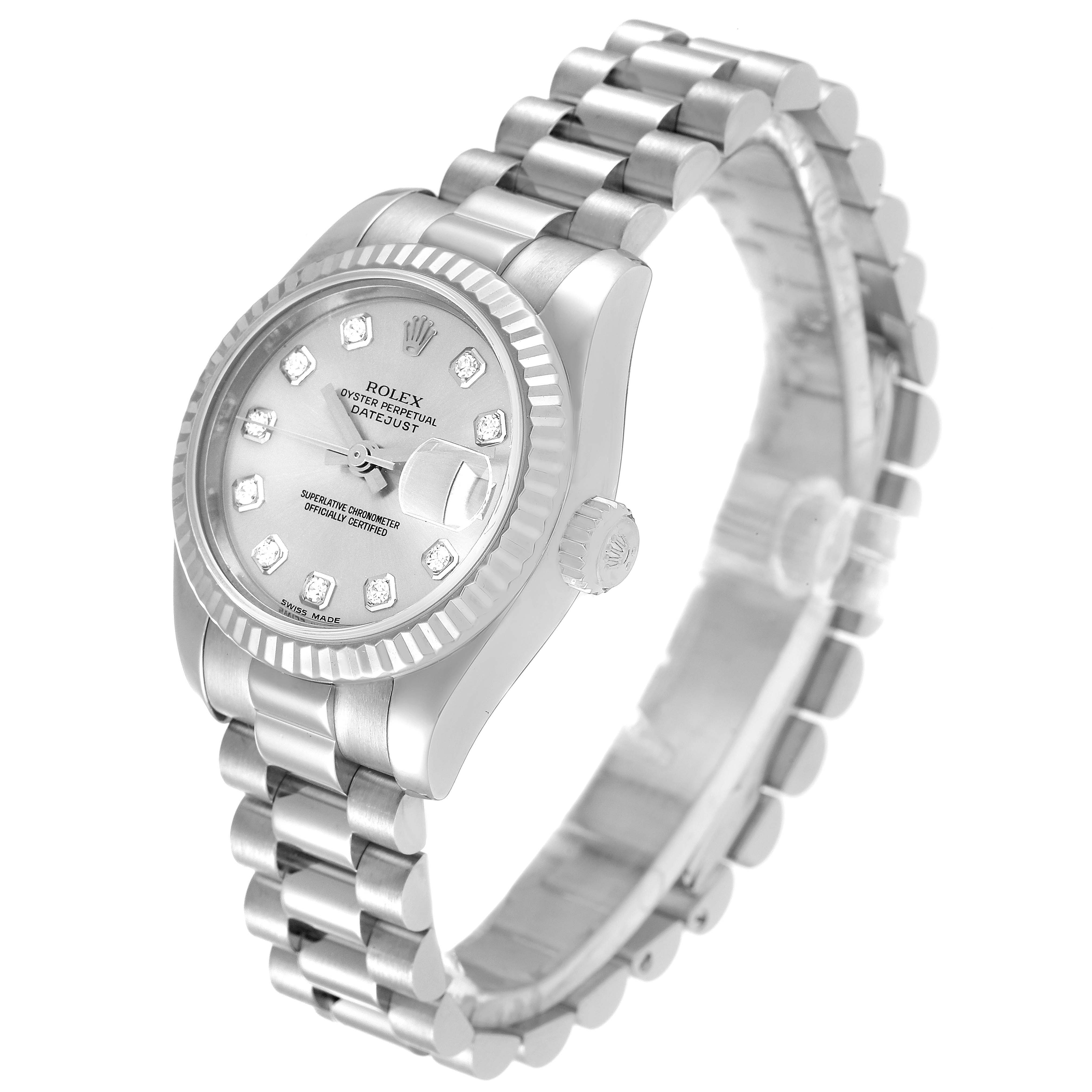 The Rolex President 179179 Women's White Gold Silver Dial 179179 Women's White Gold Silver Dial model watch is shown at a slight angle, displaying its face, bezel, bracelet, and crown.