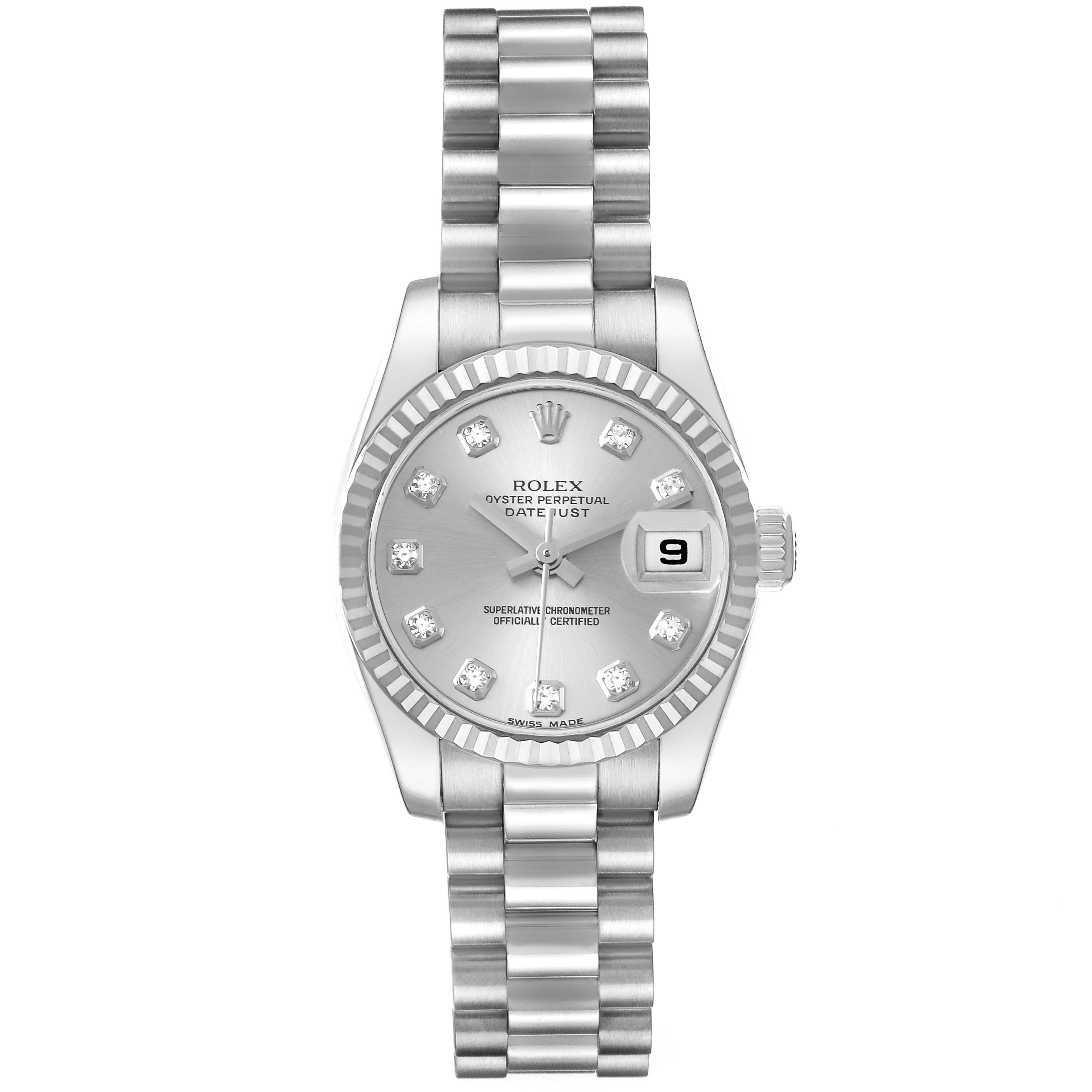 The image shows a frontal view of the Rolex President 179179 Women's White Gold Silver Dial 179179 Women's White Gold Silver Dial model watch, highlighting its dial, bezel, bracelet, and date window.