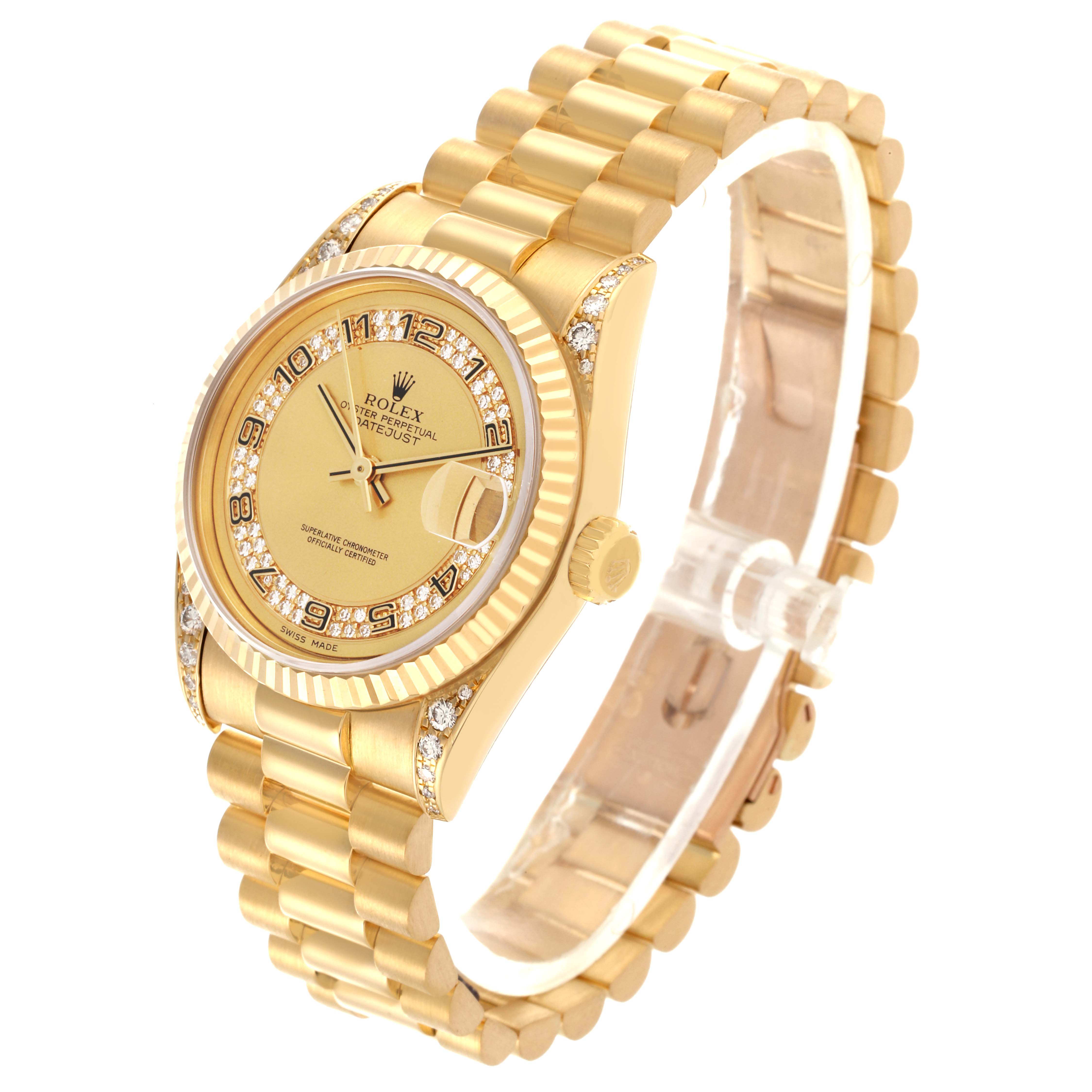 The Rolex President 68238 Women's Yellow Gold Champagne Dial 68238 Women's Yellow Gold Champagne Dial model is shown at an angle displaying the dial, bezel, crown, and bracelet.
