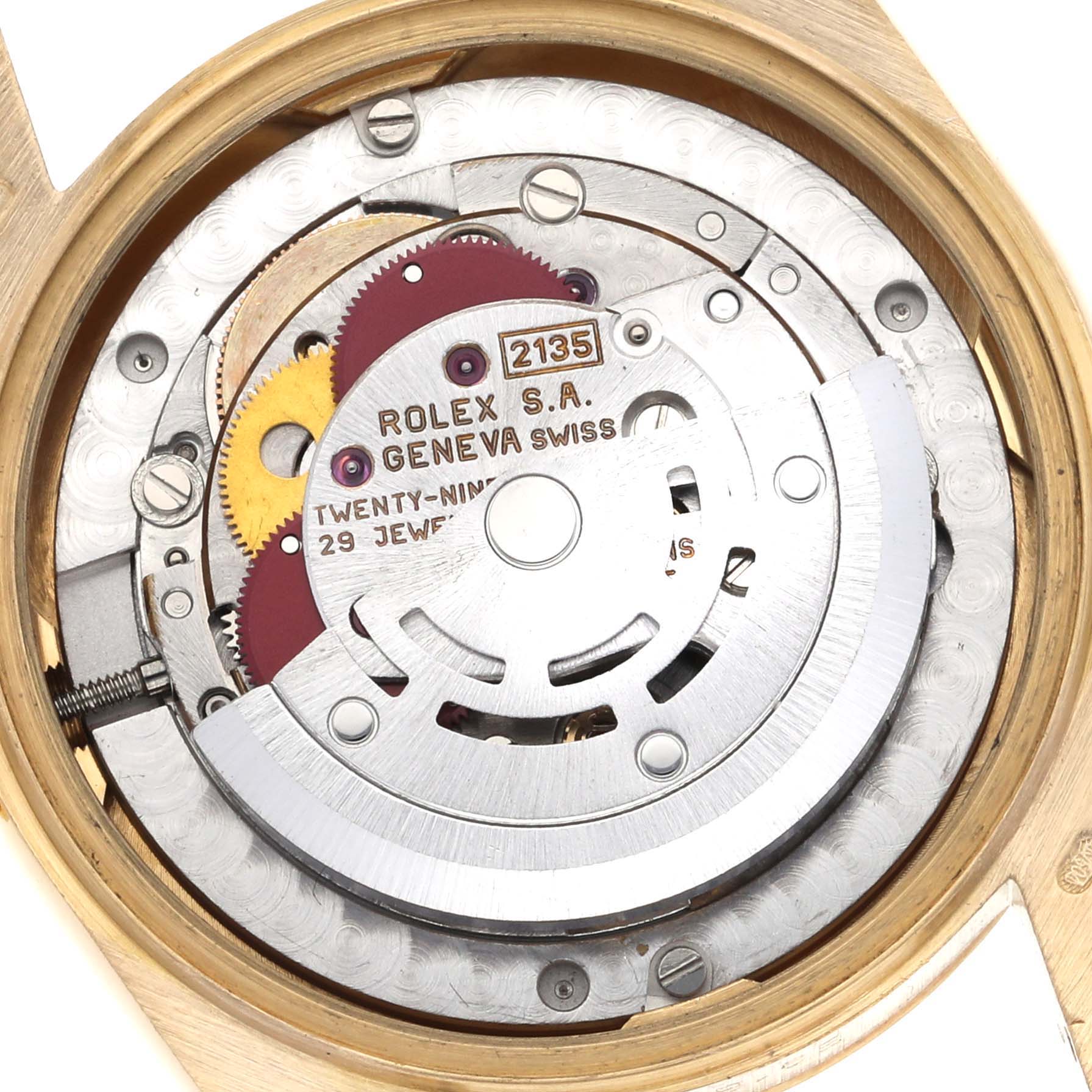 The image shows the internal mechanism of a Rolex President 68238 Women's Yellow Gold Champagne Dial 68238 Women's Yellow Gold Champagne Dial watch, focusing on its movement components from a top view.