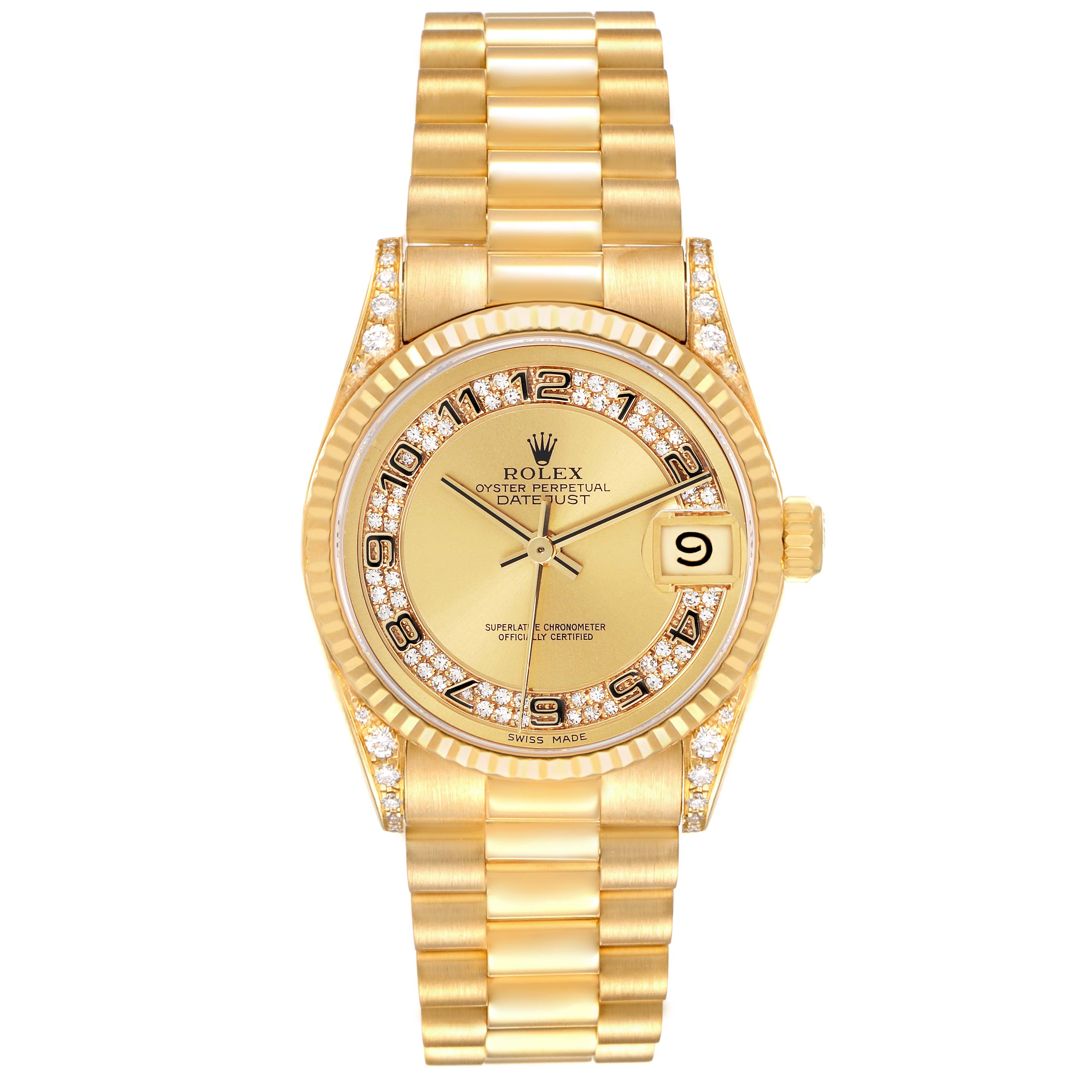 The Rolex President 68238 Women's Yellow Gold Champagne Dial 68238 Women's Yellow Gold Champagne Dial model is shown from the front, displaying the dial, bezel, and bracelet.