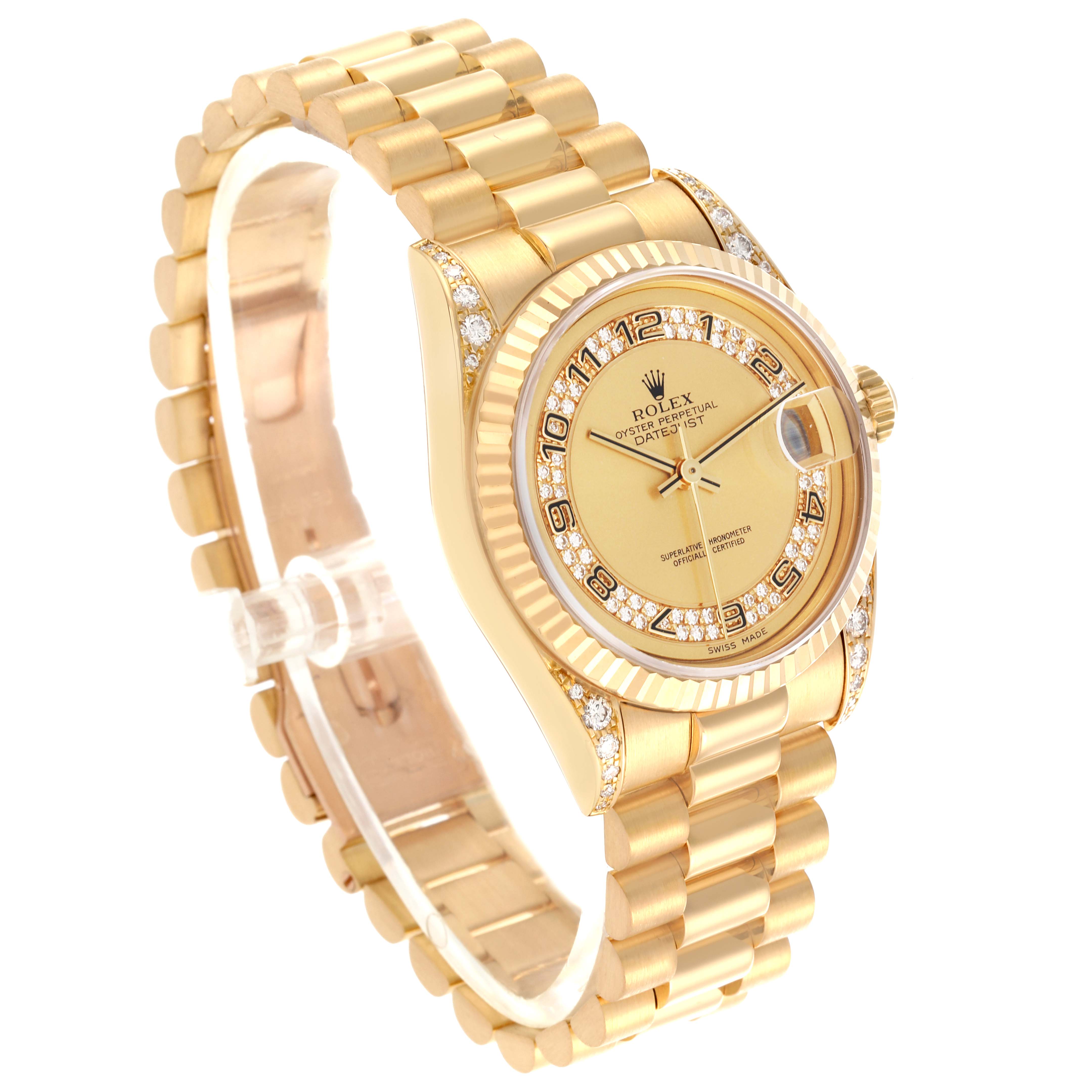 The Rolex President 68238 Women's Yellow Gold Champagne Dial 68238 Women's Yellow Gold Champagne Dial model is shown at a three-quarter angle displaying the bracelet, dial, and side of the case.