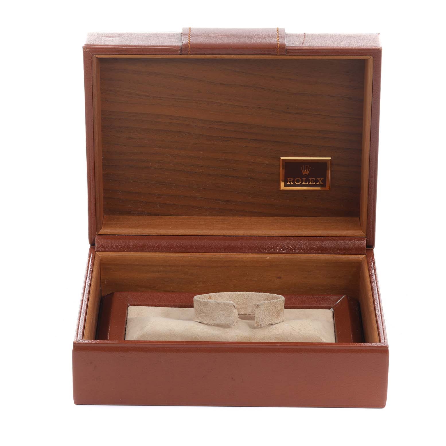 The image shows an open Rolex President 68238 Women's Yellow Gold Champagne Dial 68238 Women's Yellow Gold Champagne Dial watch box with no watch inside, highlighting the interior and logo.