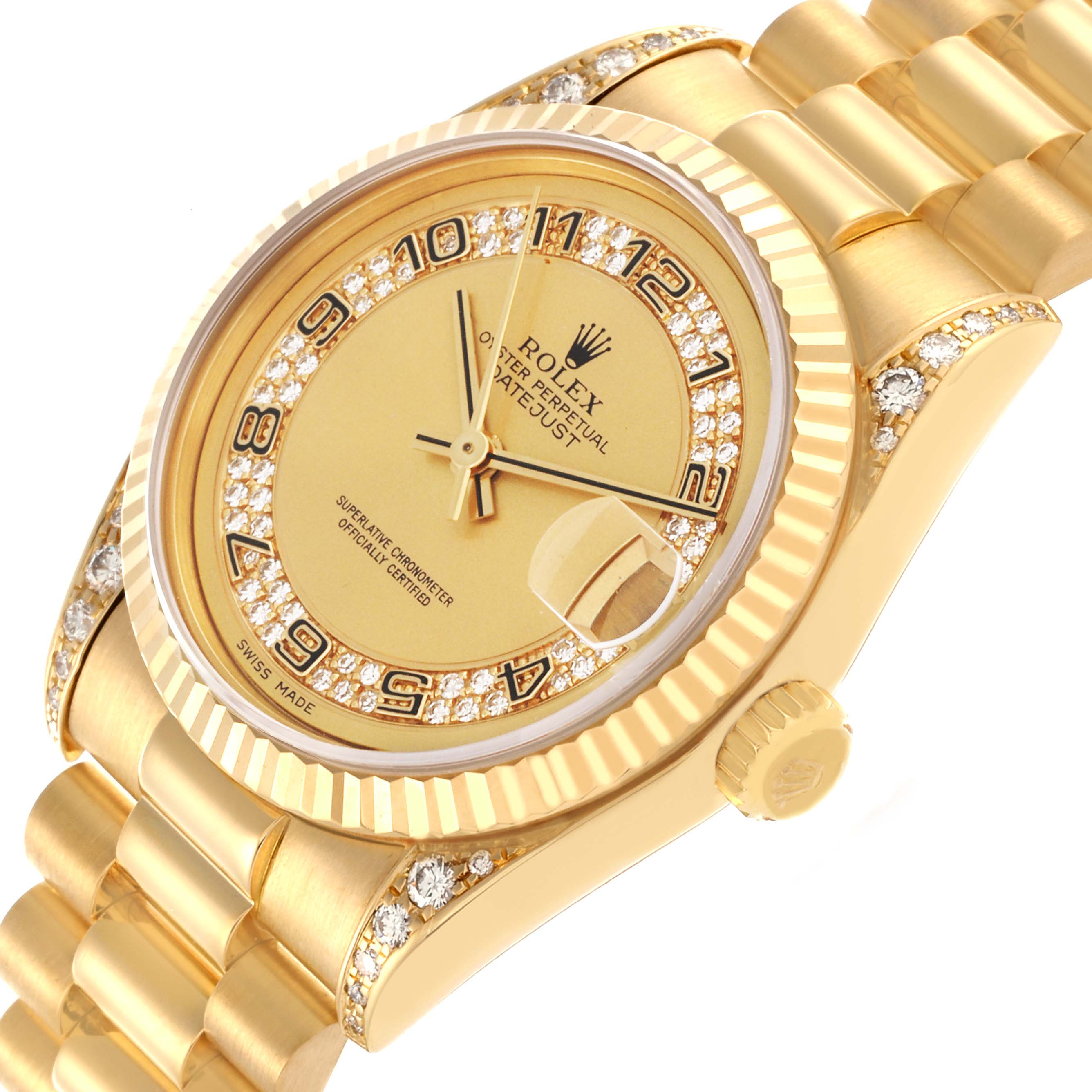 The image shows a Rolex President 68238 Women's Yellow Gold Champagne Dial 68238 Women's Yellow Gold Champagne Dial watch from an angled top view, highlighting the face, bezel, and part of the bracelet.