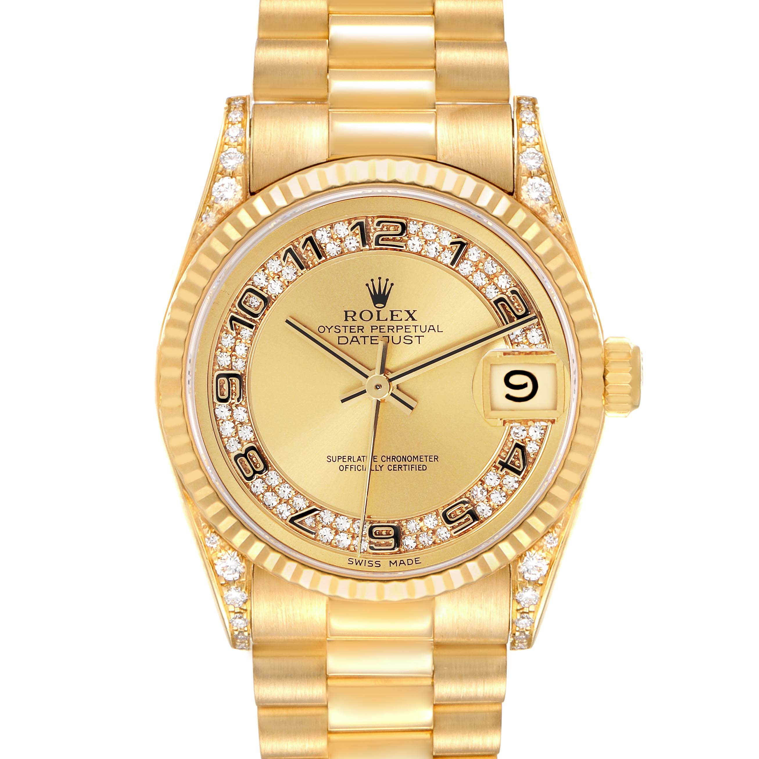 The Rolex President 68238 Women's Yellow Gold Champagne Dial 68238 Women's Yellow Gold Champagne Dial model is shown from a frontal angle, highlighting the dial, bezel, and bracelet.