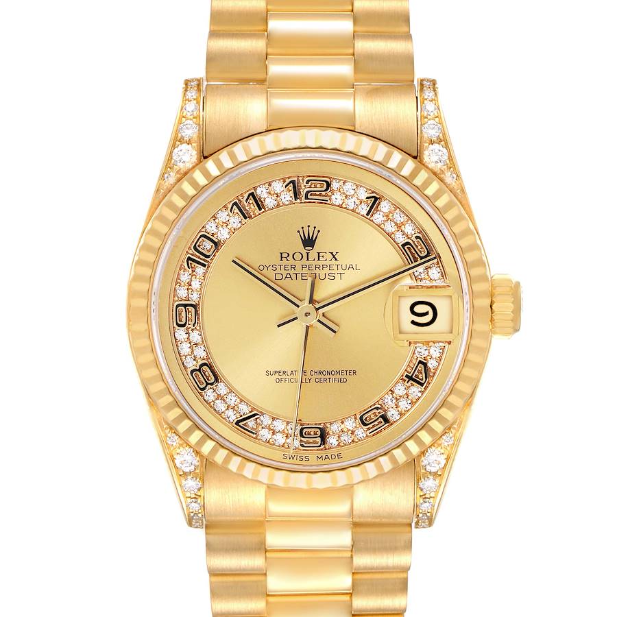 The Rolex President model is shown from a frontal angle, highlighting the dial, bezel, and bracelet.