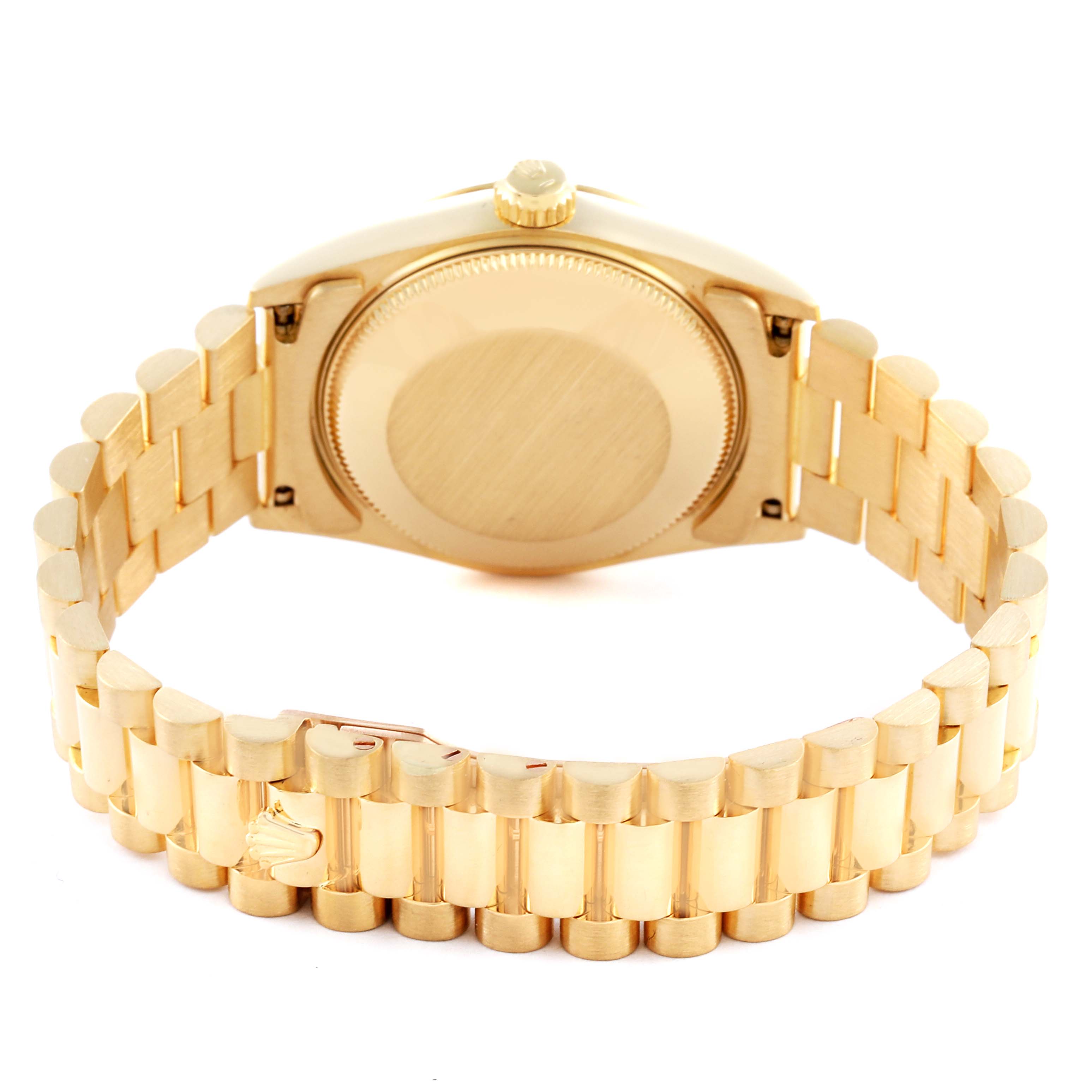 The image shows the back, clasp, and bracelet of the Rolex President 68238 Women's Yellow Gold Champagne Dial 68238 Women's Yellow Gold Champagne Dial model watch at a rear angle.