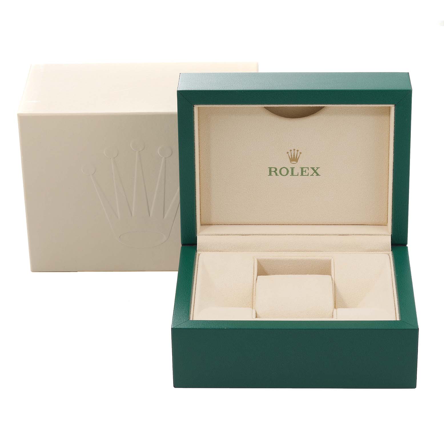 The image shows a green and beige box for a Rolex President 179239 Women's White Gold White Dial 179239 Women's White Gold White Dial model watch, with the interior designed for housing the watch.