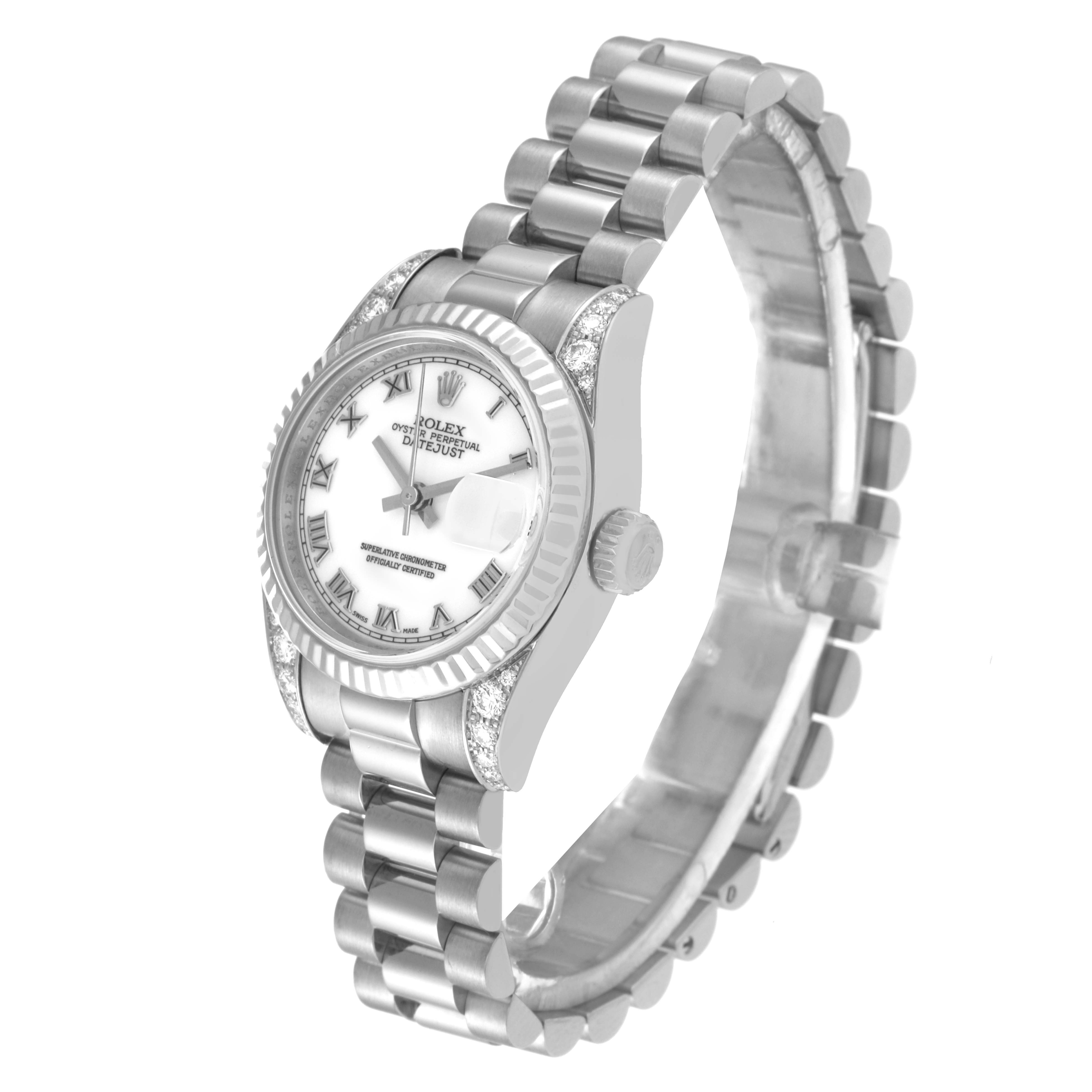 The image shows a Rolex President 179239 Women's White Gold White Dial 179239 Women's White Gold White Dial model watch from an angled side view, highlighting its dial, bezel, and bracelet.