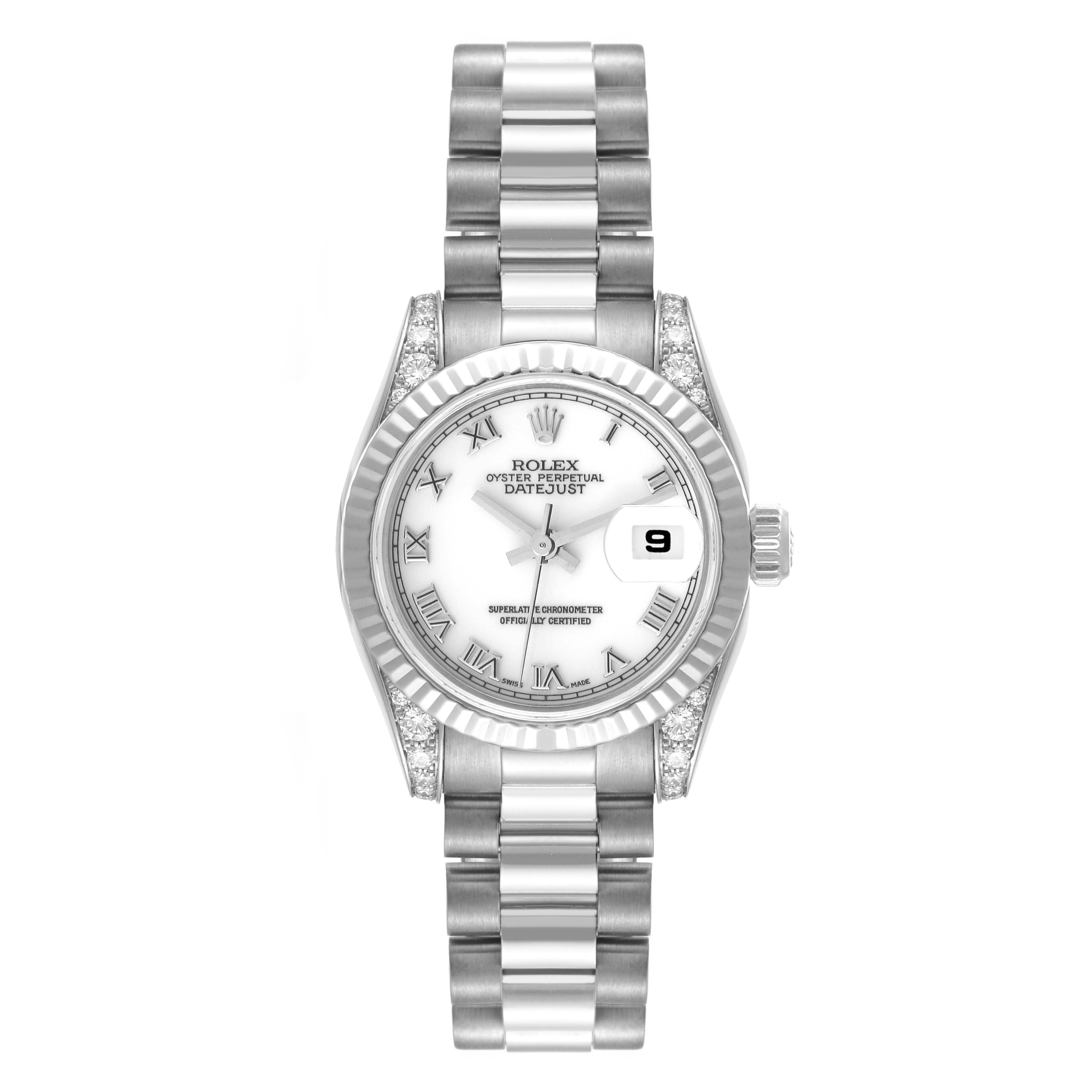 The Rolex President 179239 Women's White Gold White Dial 179239 Women's White Gold White Dial model watch is shown from a top-down angle, displaying the face, bezel, and bracelet.