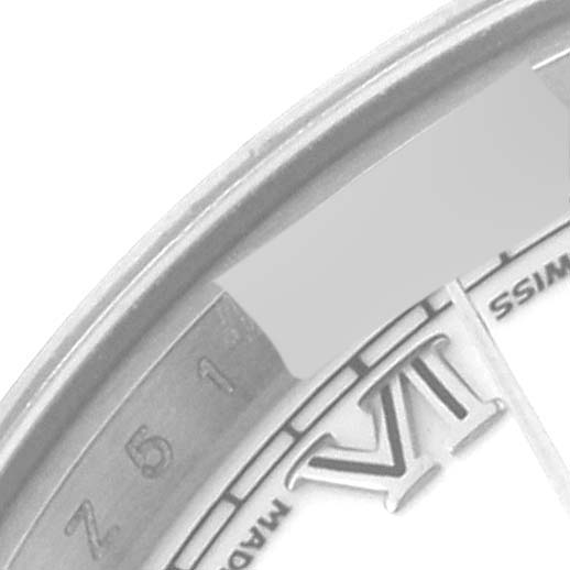 The image shows an angled close-up of the bezel and part of the dial, featuring the Roman numeral VI of a Rolex President 179239 Women's White Gold White Dial 179239 Women's White Gold White Dial model watch.