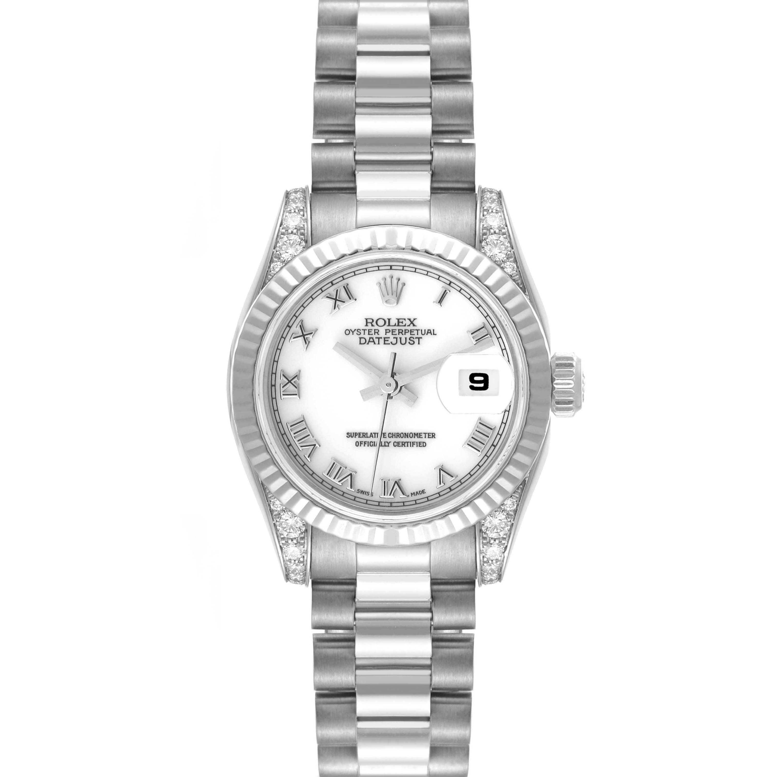The Rolex President 179239 Women's White Gold White Dial 179239 Women's White Gold White Dial model watch is shown from a front angle, displaying the dial, bezel, and bracelet.