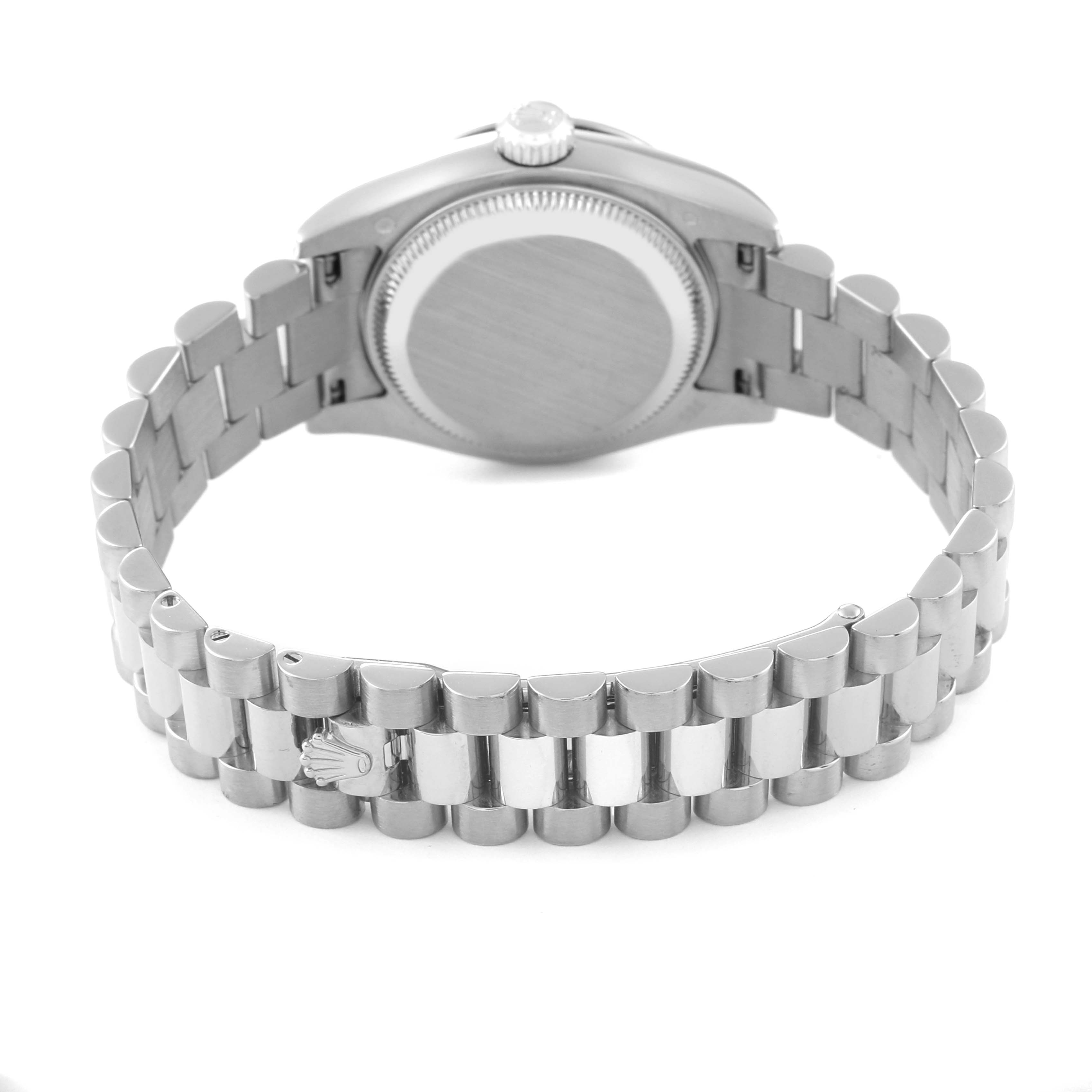 This image shows the back view of the Rolex President 179239 Women's White Gold White Dial 179239 Women's White Gold White Dial model watch, highlighting its bracelet and case back.