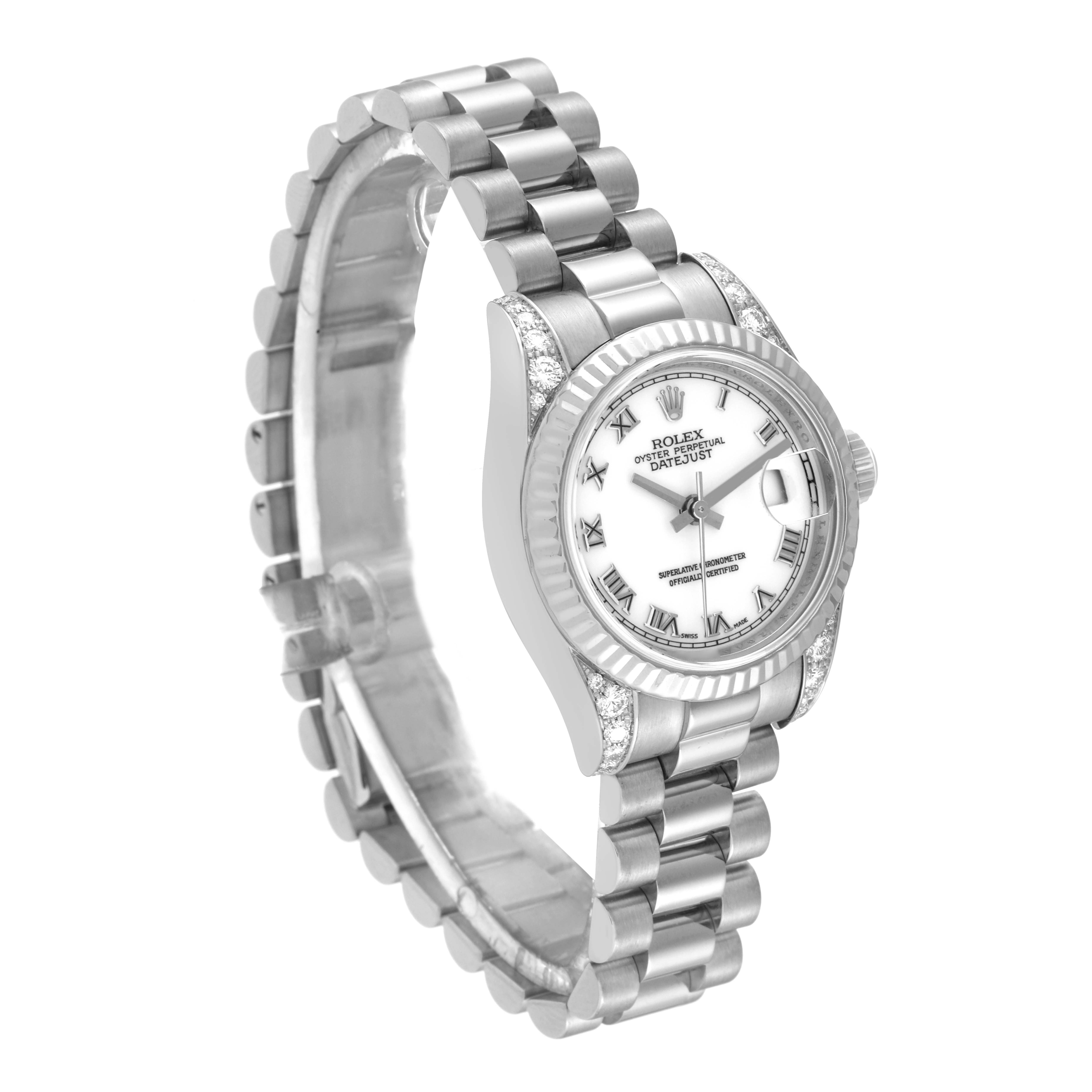 The image shows a Rolex President 179239 Women's White Gold White Dial 179239 Women's White Gold White Dial model watch angled to display its bezel, dial, and bracelet.