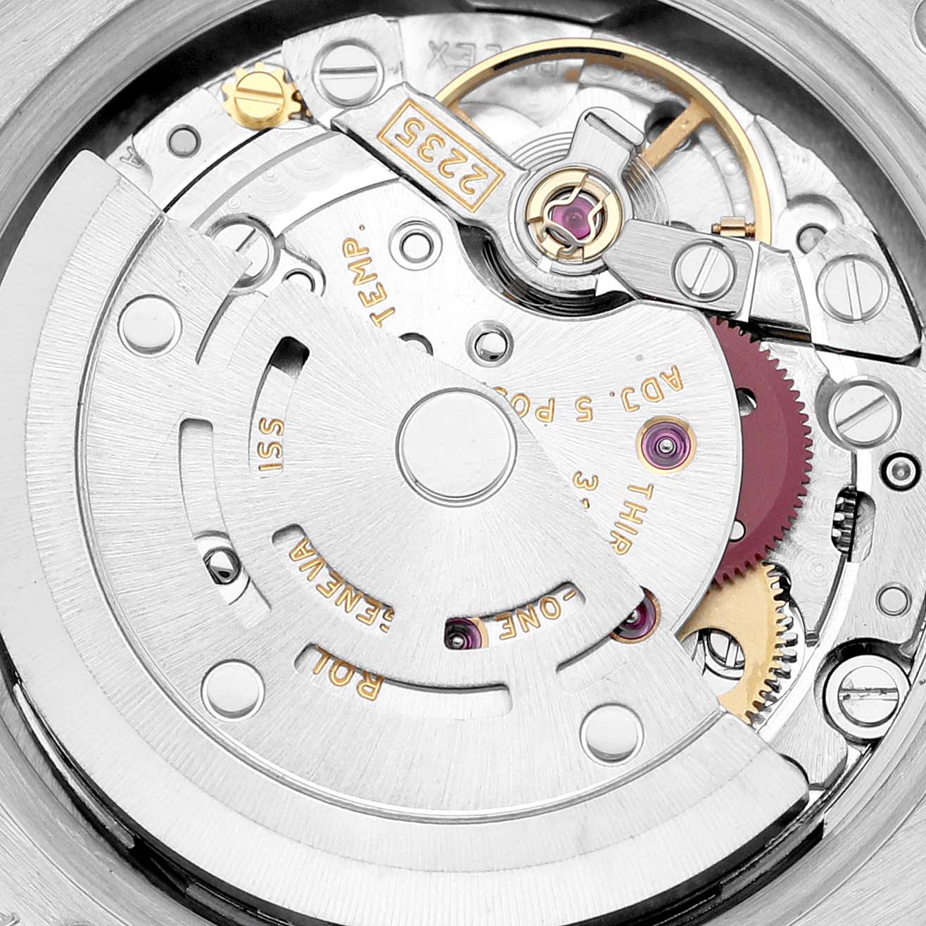 This close-up image shows the intricate internal mechanical movement of a Rolex President 179239 Women's White Gold White Dial 179239 Women's White Gold White Dial model watch.