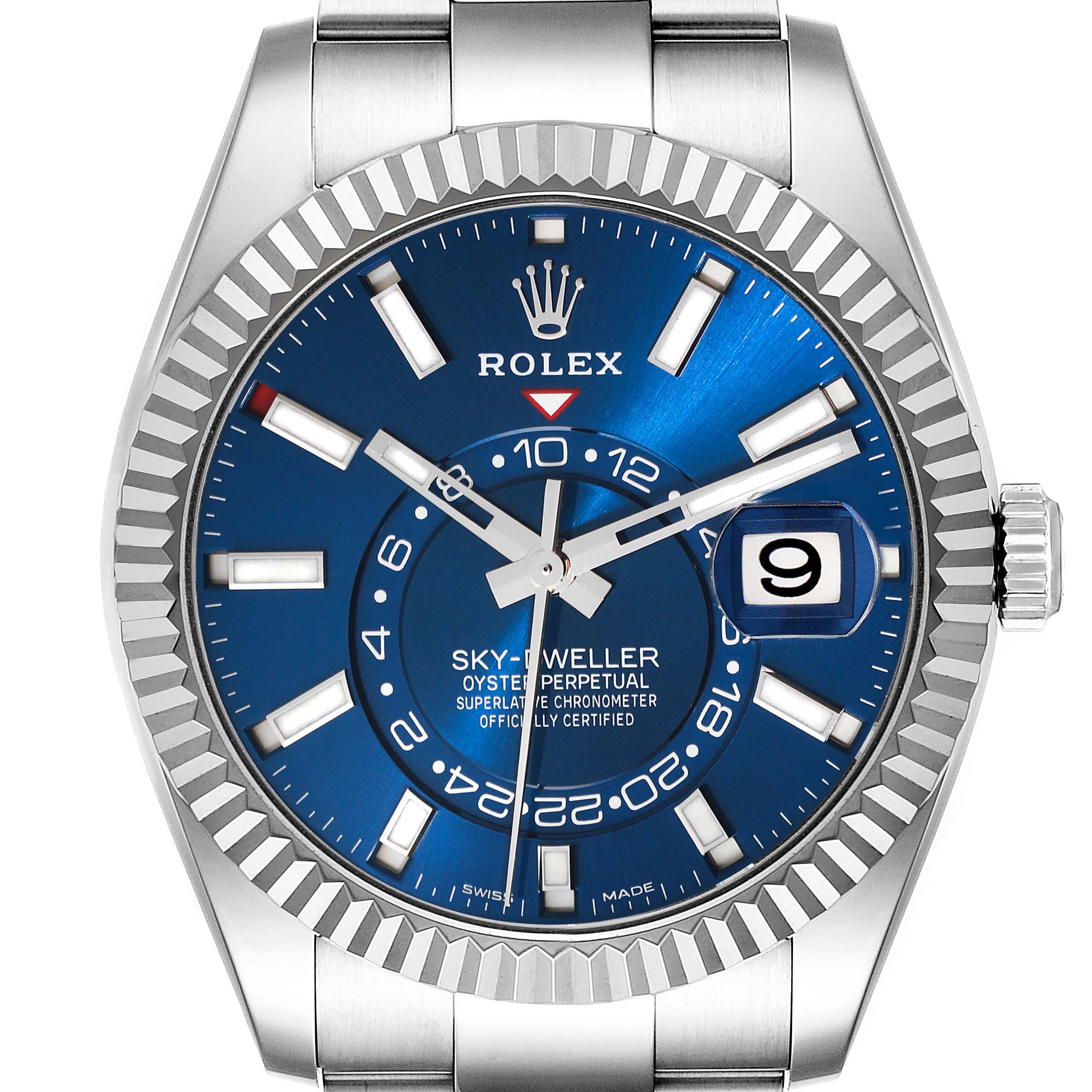 The image shows a front view of a Rolex Sky-Dweller 326934 Men's Stainless Steel Blue Dial 326934 Men's Stainless Steel Blue Dial watch with a blue dial, fluted bezel, and a stainless steel bracelet.