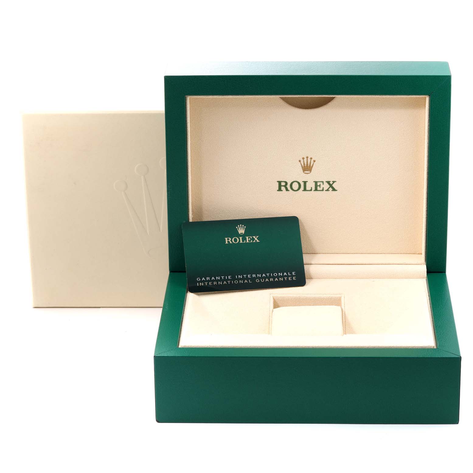 The image shows the packaging box and guarantee card for the Rolex Sky-Dweller 326934 Men's Stainless Steel Blue Dial 326934 Men's Stainless Steel Blue Dial watch.