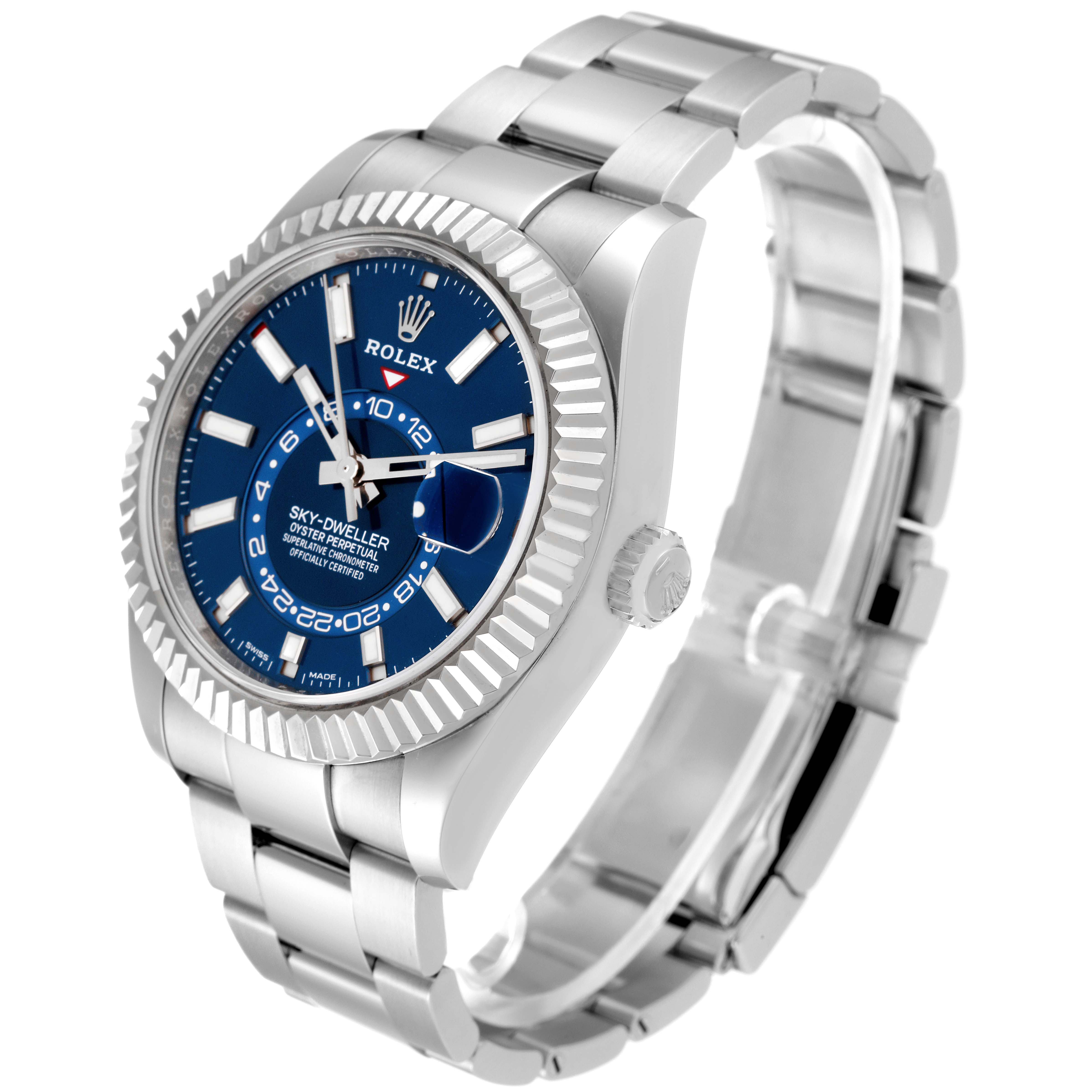 The image shows a Rolex Sky-Dweller 326934 Men's Stainless Steel Blue Dial 326934 Men's Stainless Steel Blue Dial watch viewed at a three-quarter angle, displaying its face, bezel, crown, and bracelet.