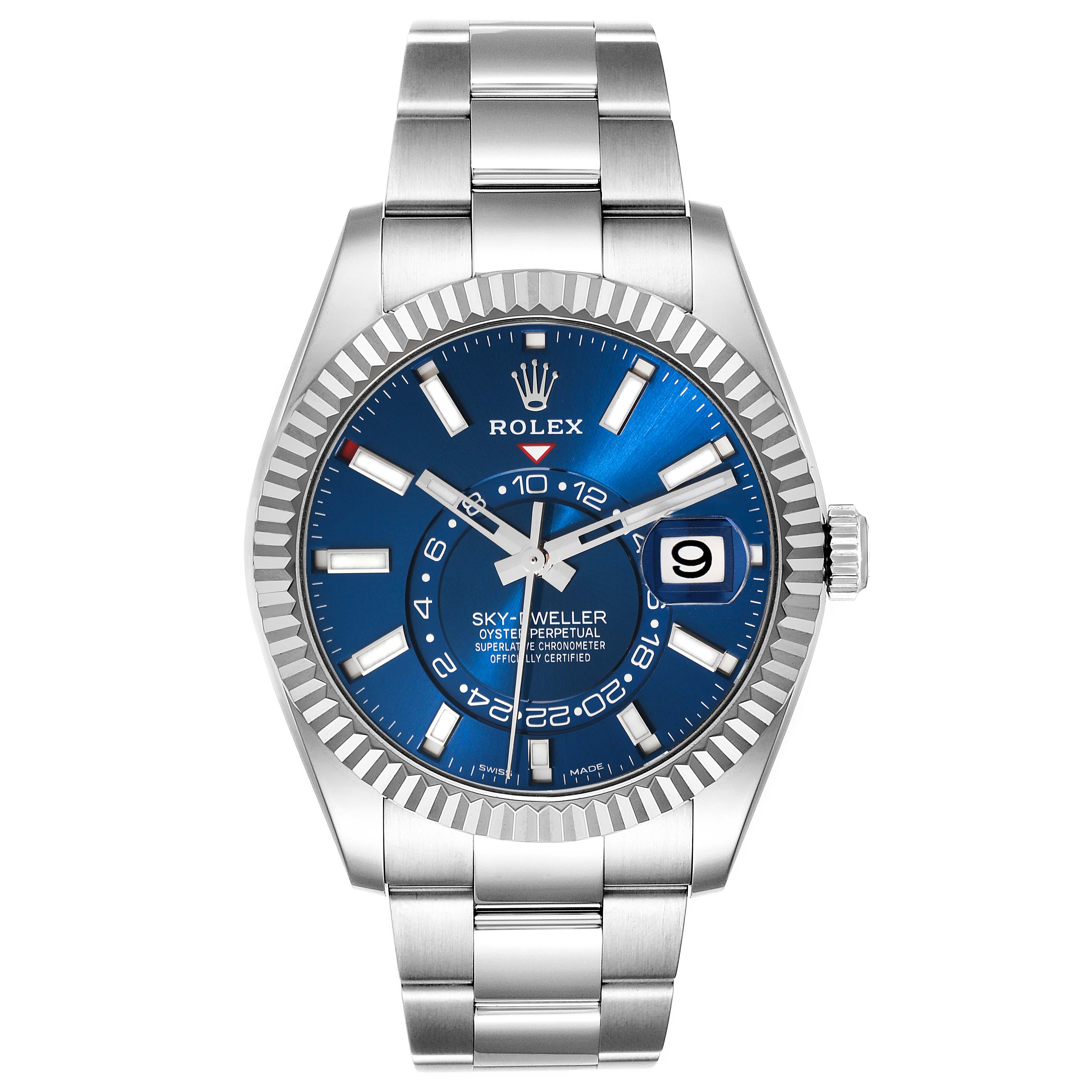 The image shows a front view of the Rolex Sky-Dweller 326934 Men's Stainless Steel Blue Dial 326934 Men's Stainless Steel Blue Dial watch, highlighting its blue dial, date display, and stainless steel bracelet.