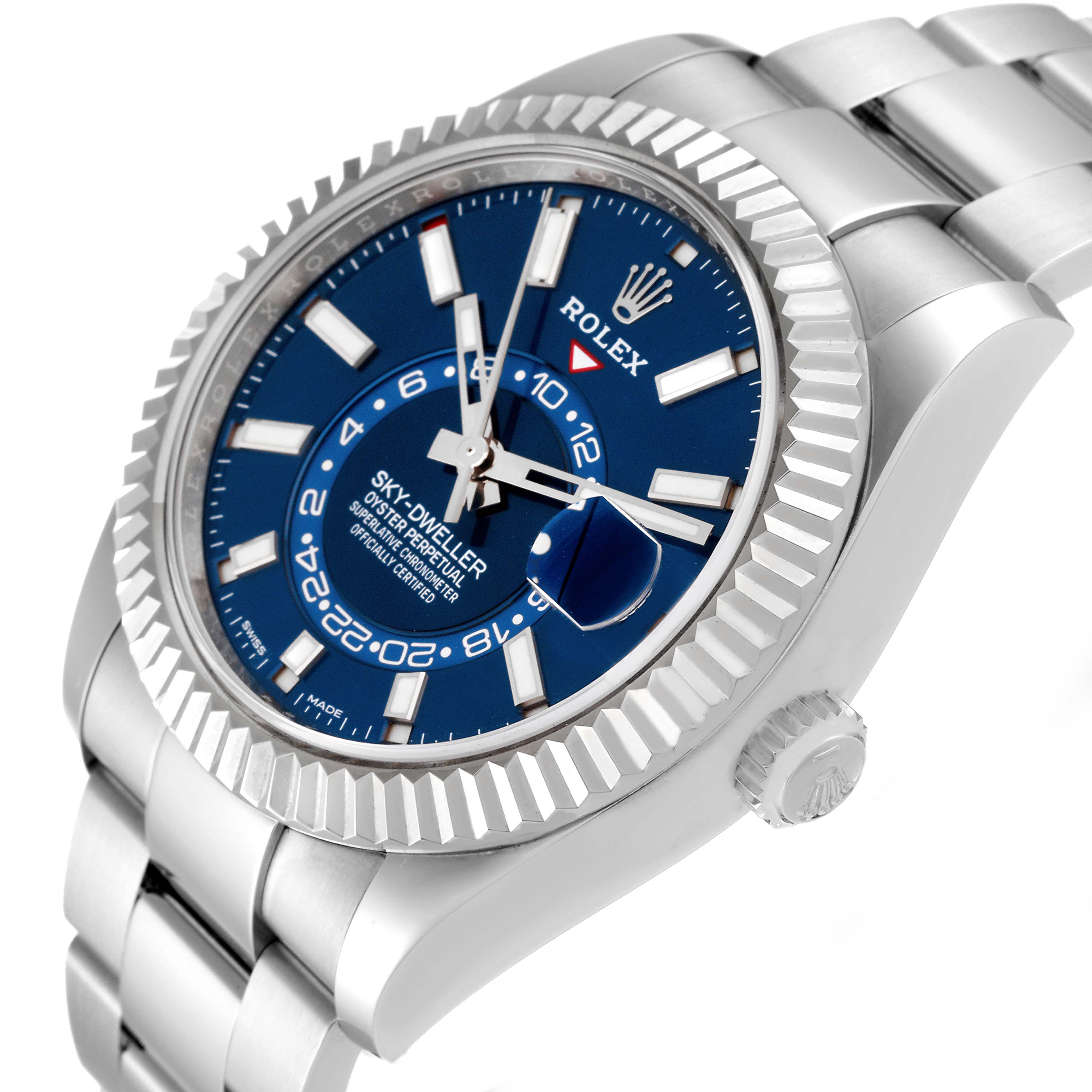 The image shows a Rolex Sky-Dweller 326934 Men's Stainless Steel Blue Dial 326934 Men's Stainless Steel Blue Dial watch at a slight side angle, highlighting the dial, bezel, crown, and part of the bracelet.