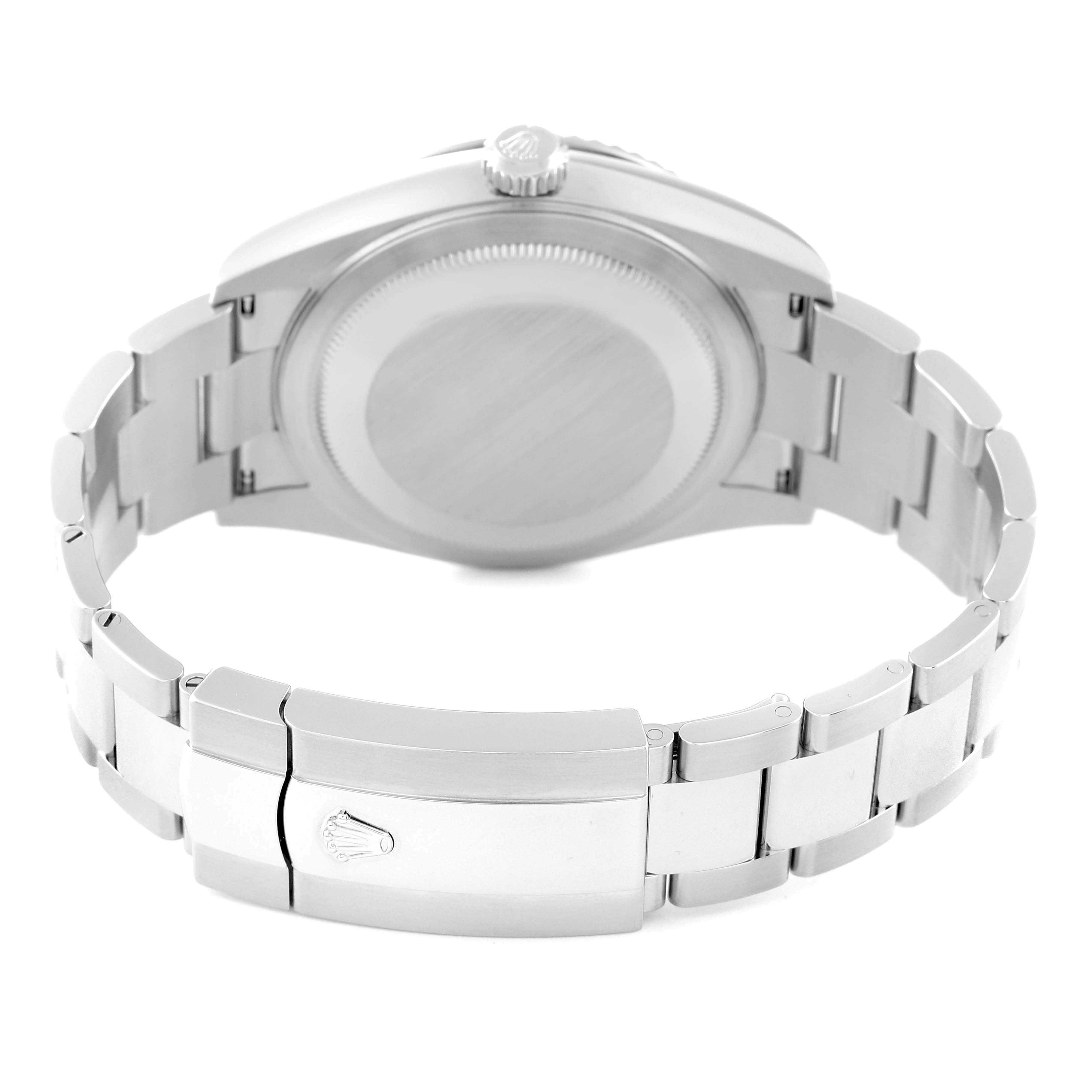 This image shows the back view of a Rolex Sky-Dweller 326934 Men's Stainless Steel Blue Dial 326934 Men's Stainless Steel Blue Dial watch, highlighting the clasp, bracelet, and caseback.