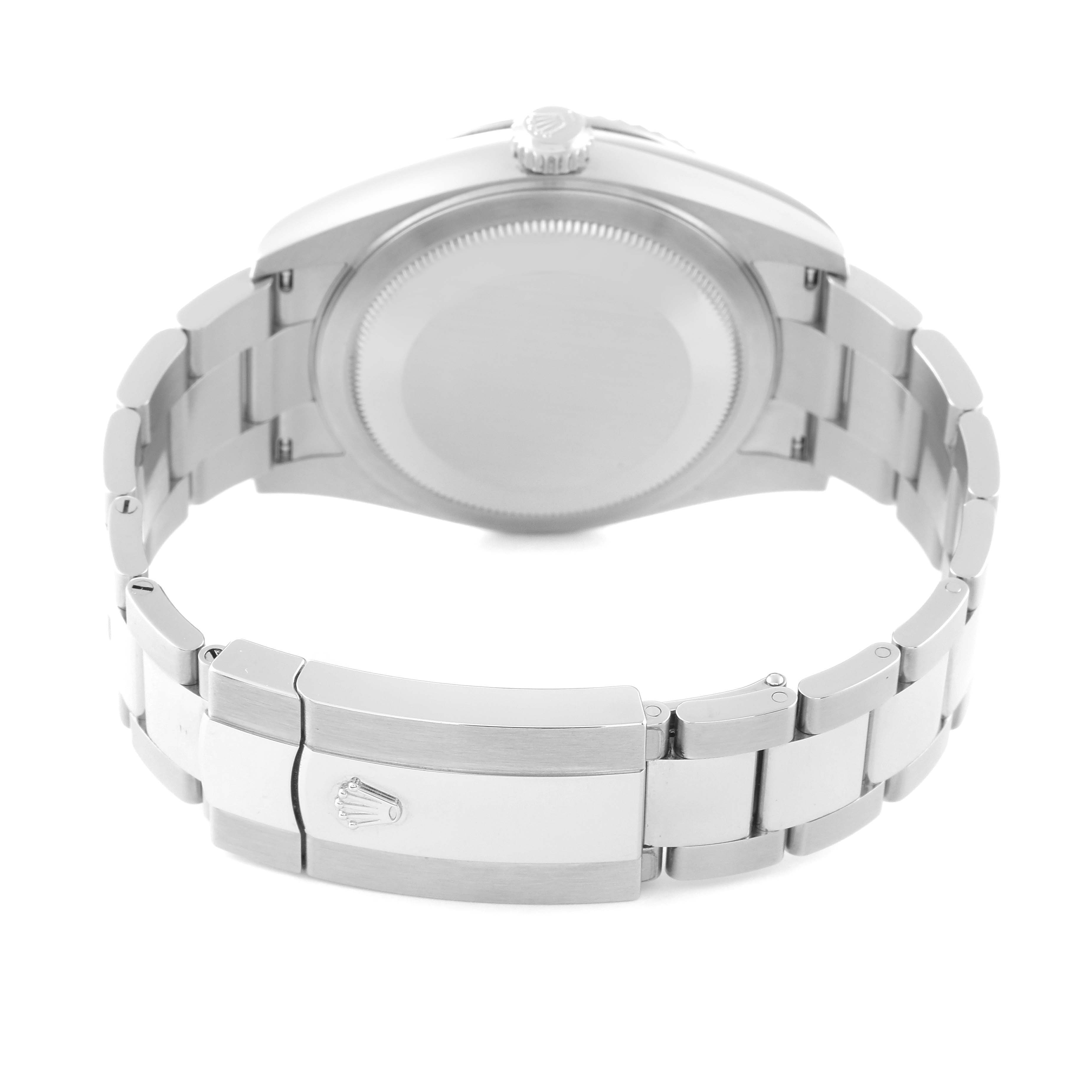 This image shows the back view of the Rolex Sky-Dweller 326934 Men's Stainless Steel Blue Dial 326934 Men's Stainless Steel Blue Dial watch, highlighting the clasp and bracelet.