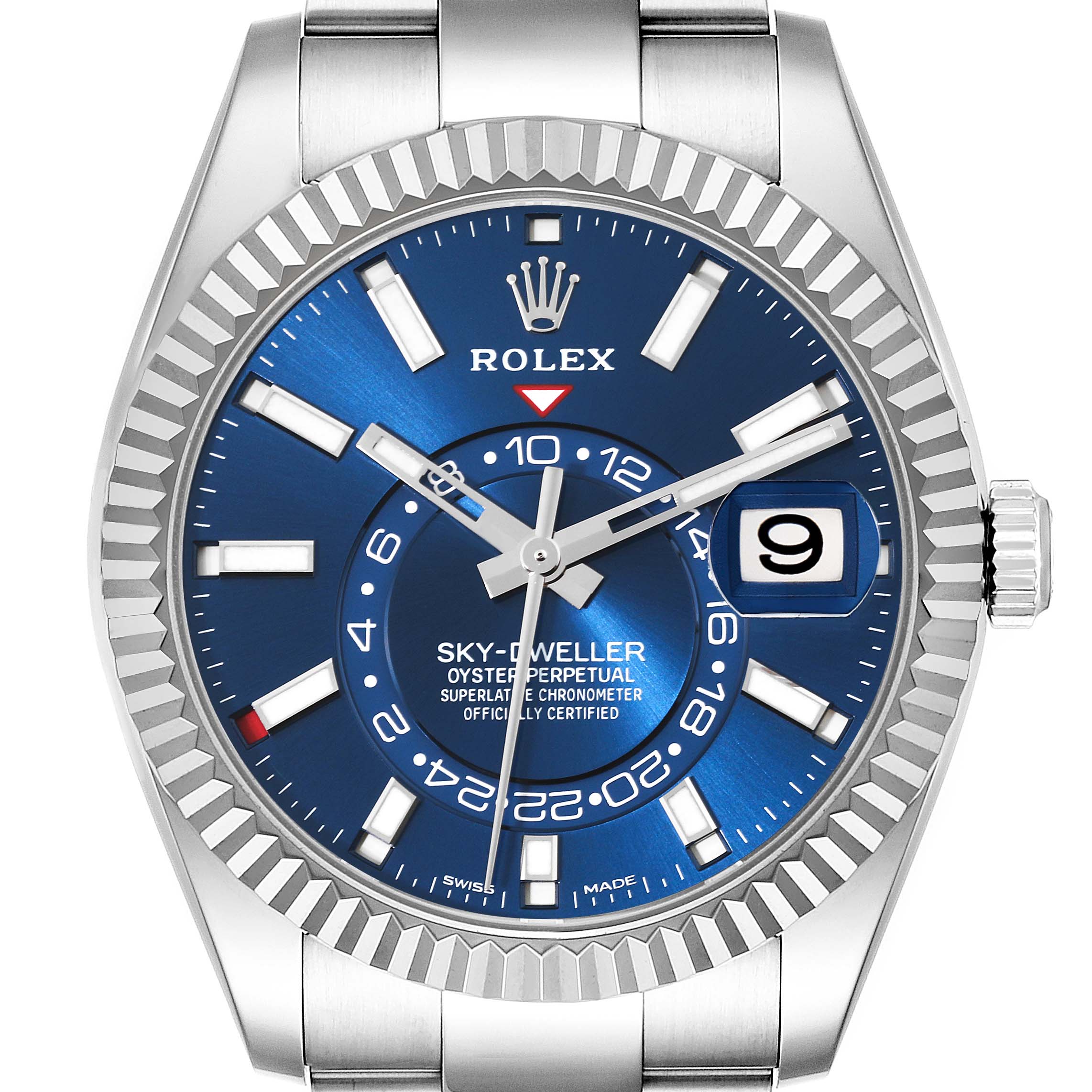 The image shows a front view of the Rolex Sky-Dweller 326934 Men's Stainless Steel Blue Dial 326934 Men's Stainless Steel Blue Dial watch, highlighting the dial, hour markers, hands, bezel, and part of the bracelet.